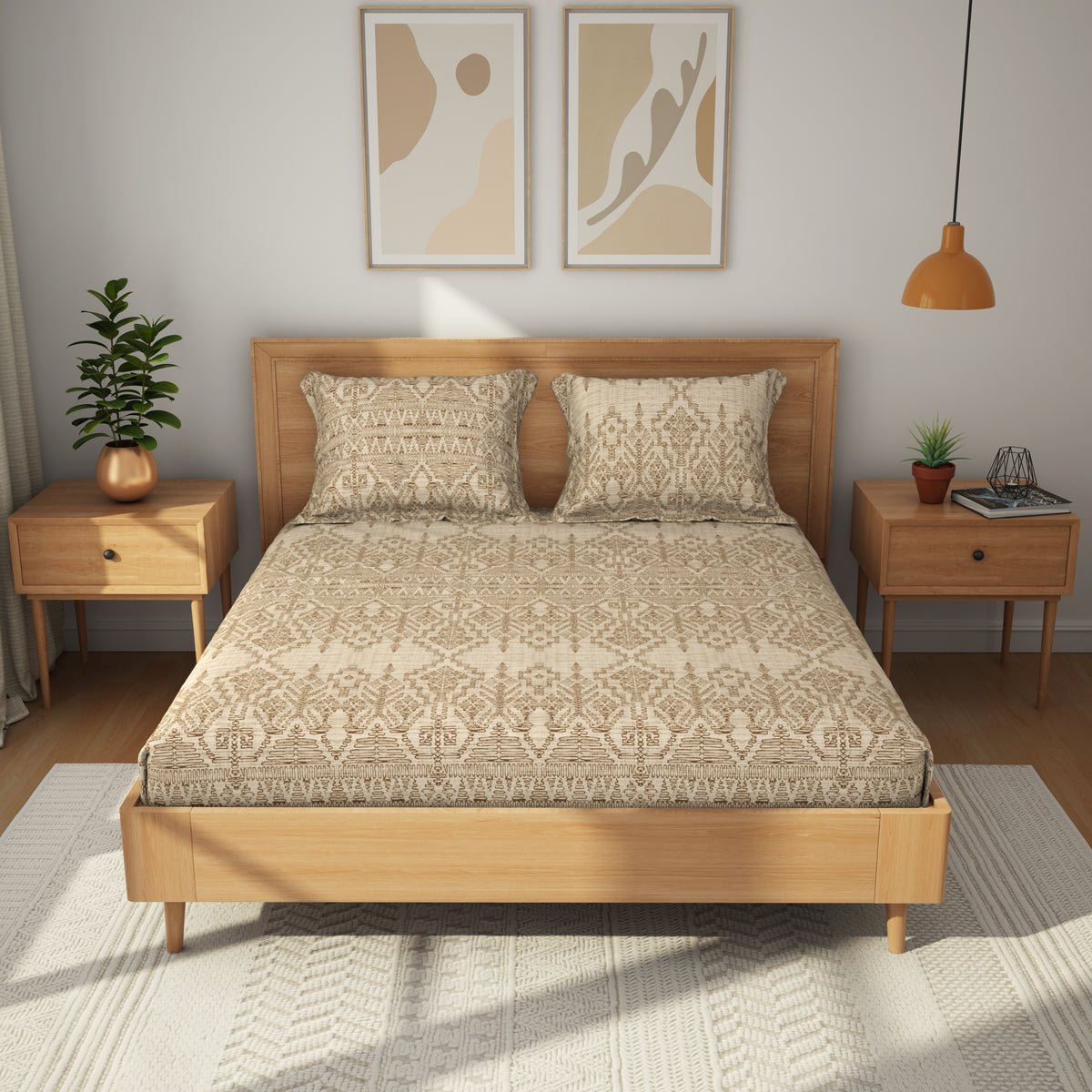 The Comfort Collection | Printed King Bedsheet Set | 144 TC Cotton | Taupe Beige