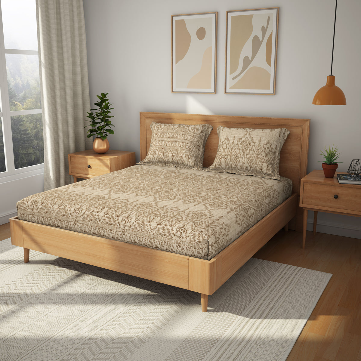 The Comfort Collection | Printed King Bedsheet Set | 144 TC Cotton | Taupe Beige