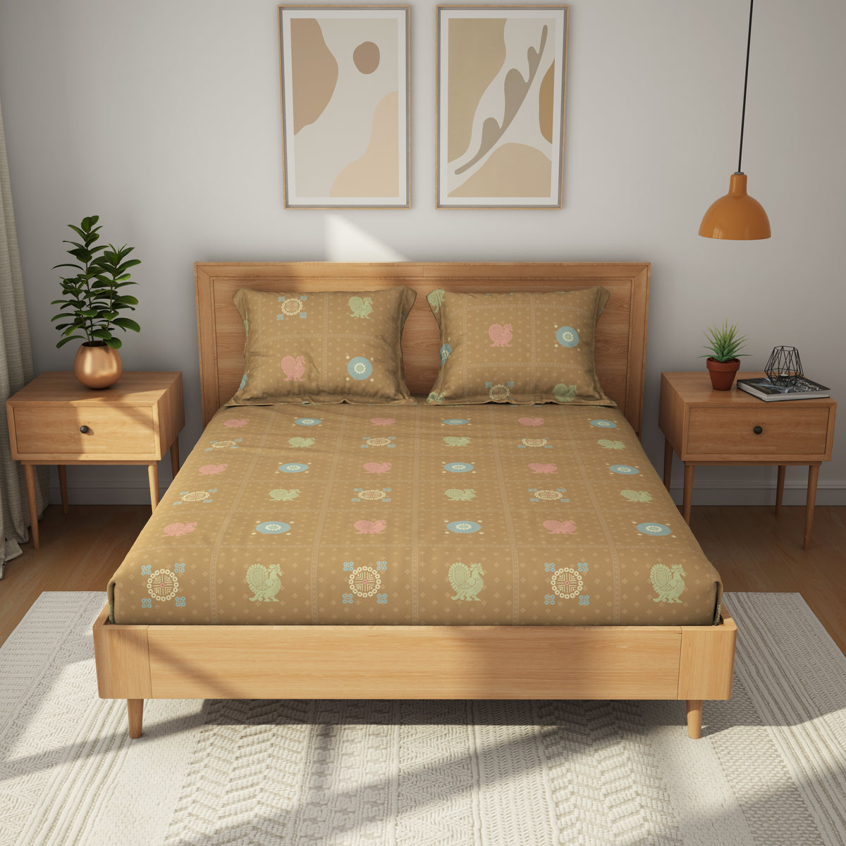 The Comfort Collection | Printed King Bedsheet Set | 144 TC Cotton | Sage Brown