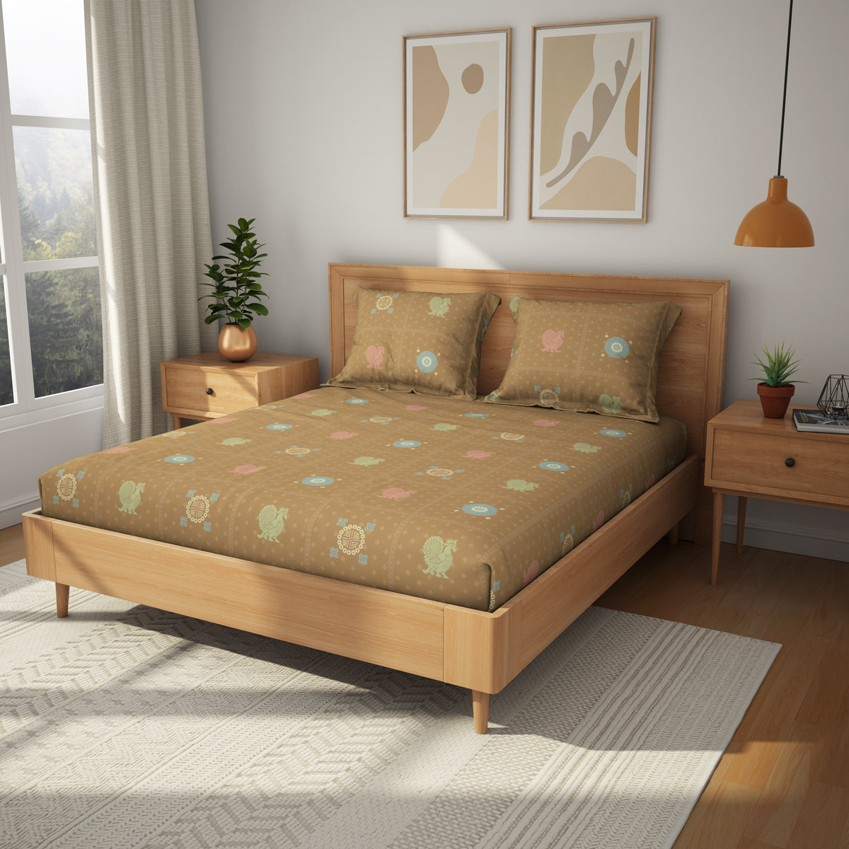 The Comfort Collection | Printed King Bedsheet Set | 144 TC Cotton | Sage Brown