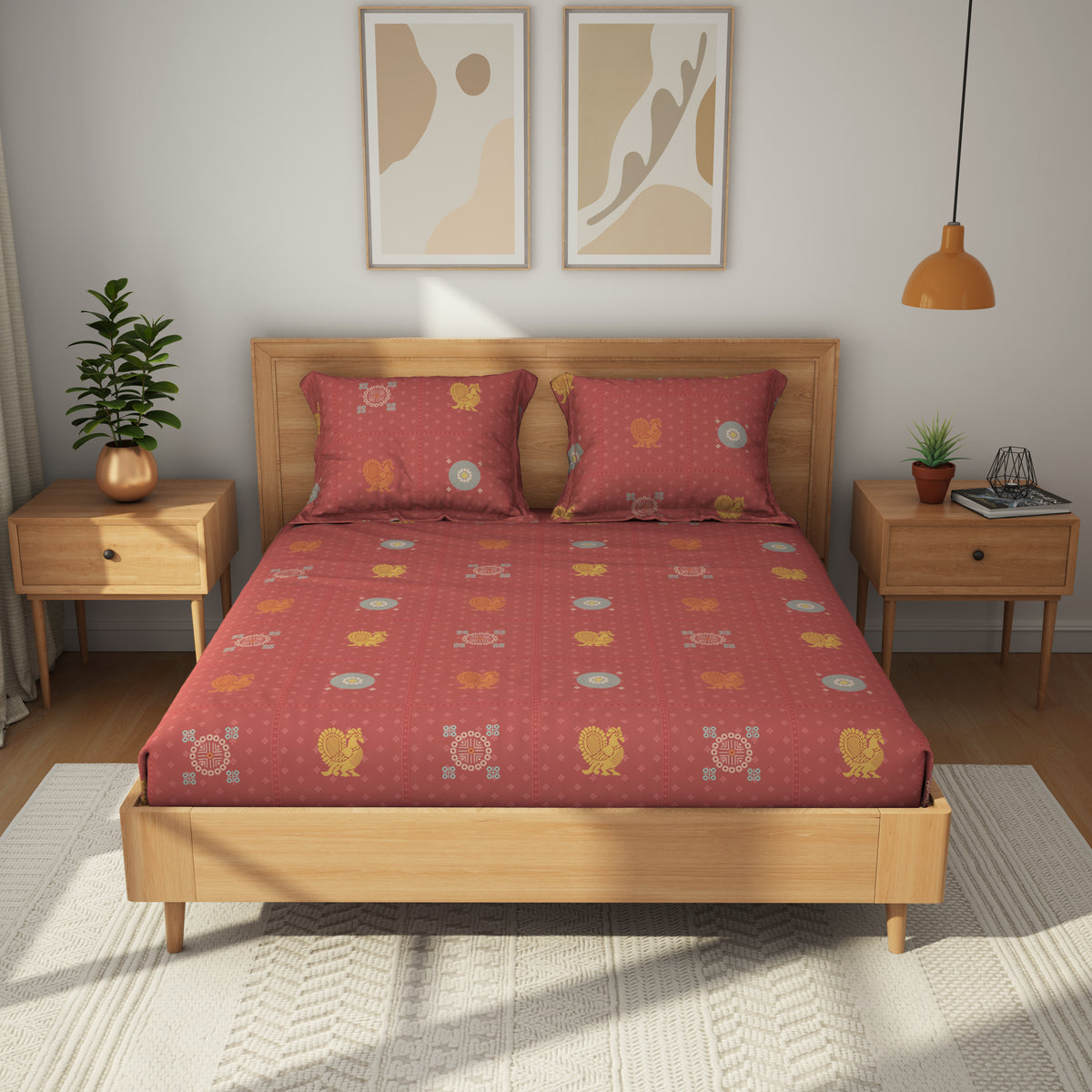 The Comfort Collection | Printed King Bedsheet Set | 144 TC Cotton | Terracotta