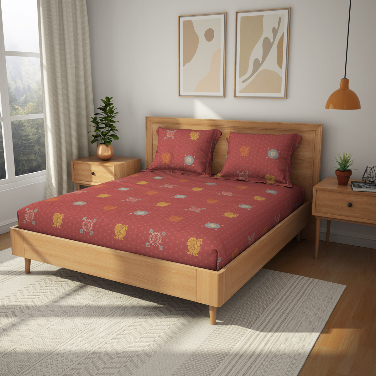 The Comfort Collection | Printed King Bedsheet Set | 144 TC Cotton | Terracotta