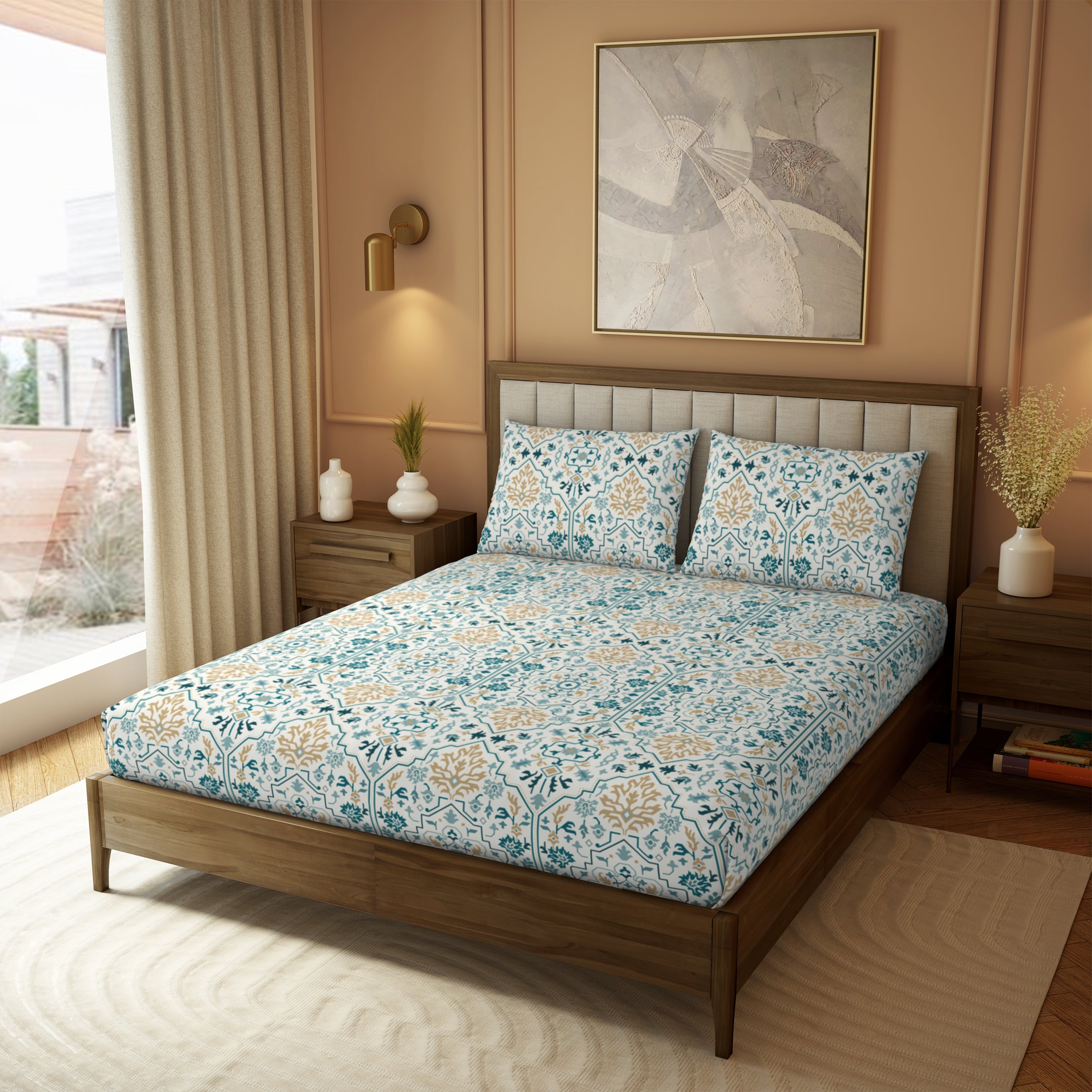 The Gifting Collection | King Bedsheet Set | 210 TC Cotton | Teal Blue