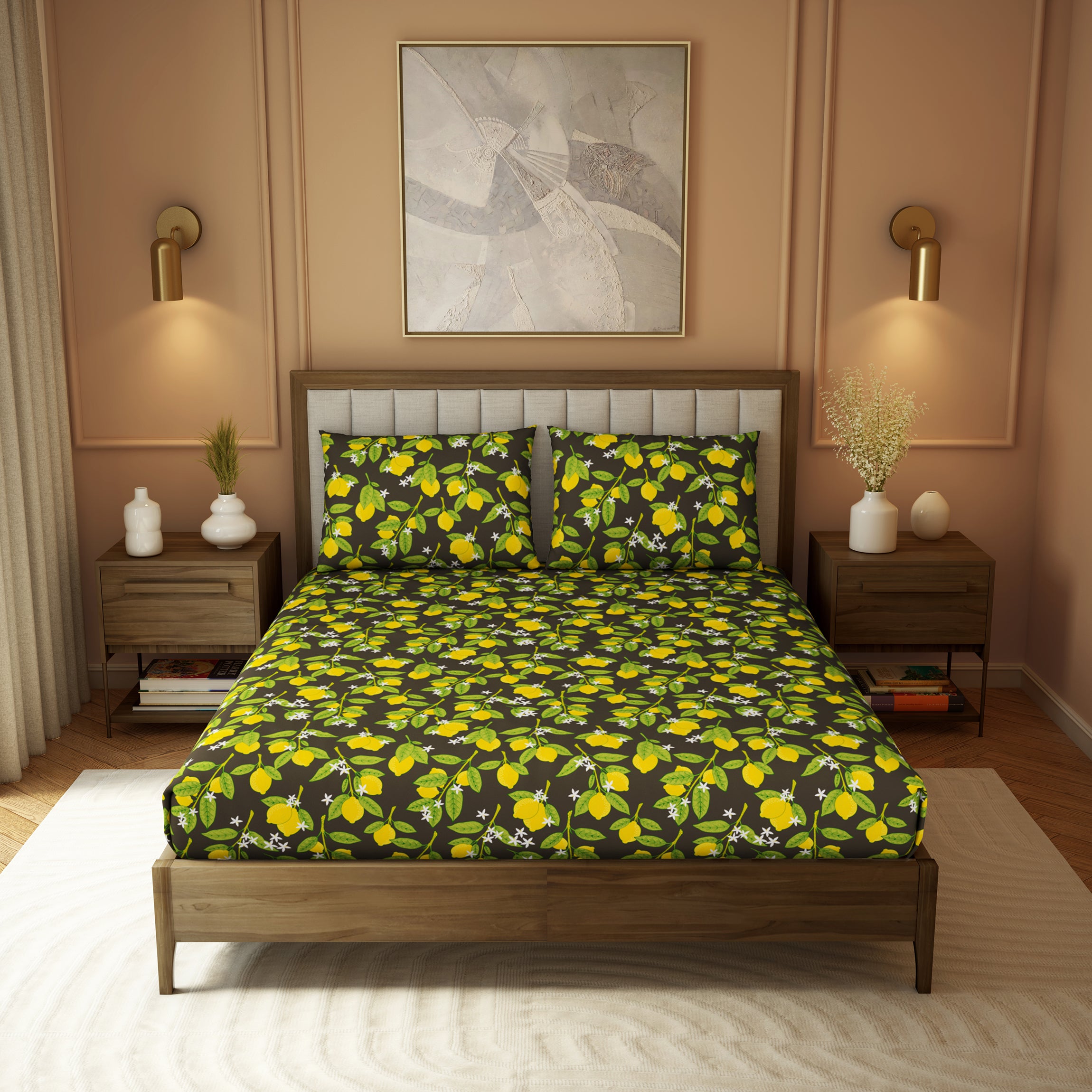 Elite Collection, Botanical Wonder | Printed King Bedsheet Set | 180 TC Cotton -Charcoal Gold  by Himeya