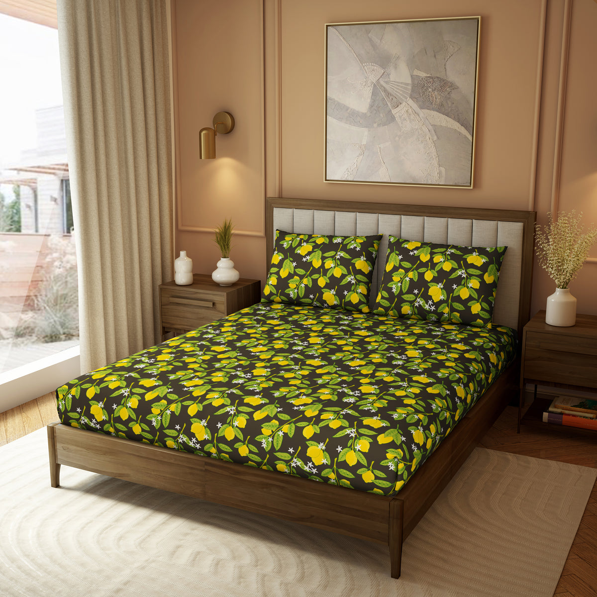 The Elite Collection | Printed King Bedsheet Set | 180 TC Cotton  | Charcoal Gold by Himeya