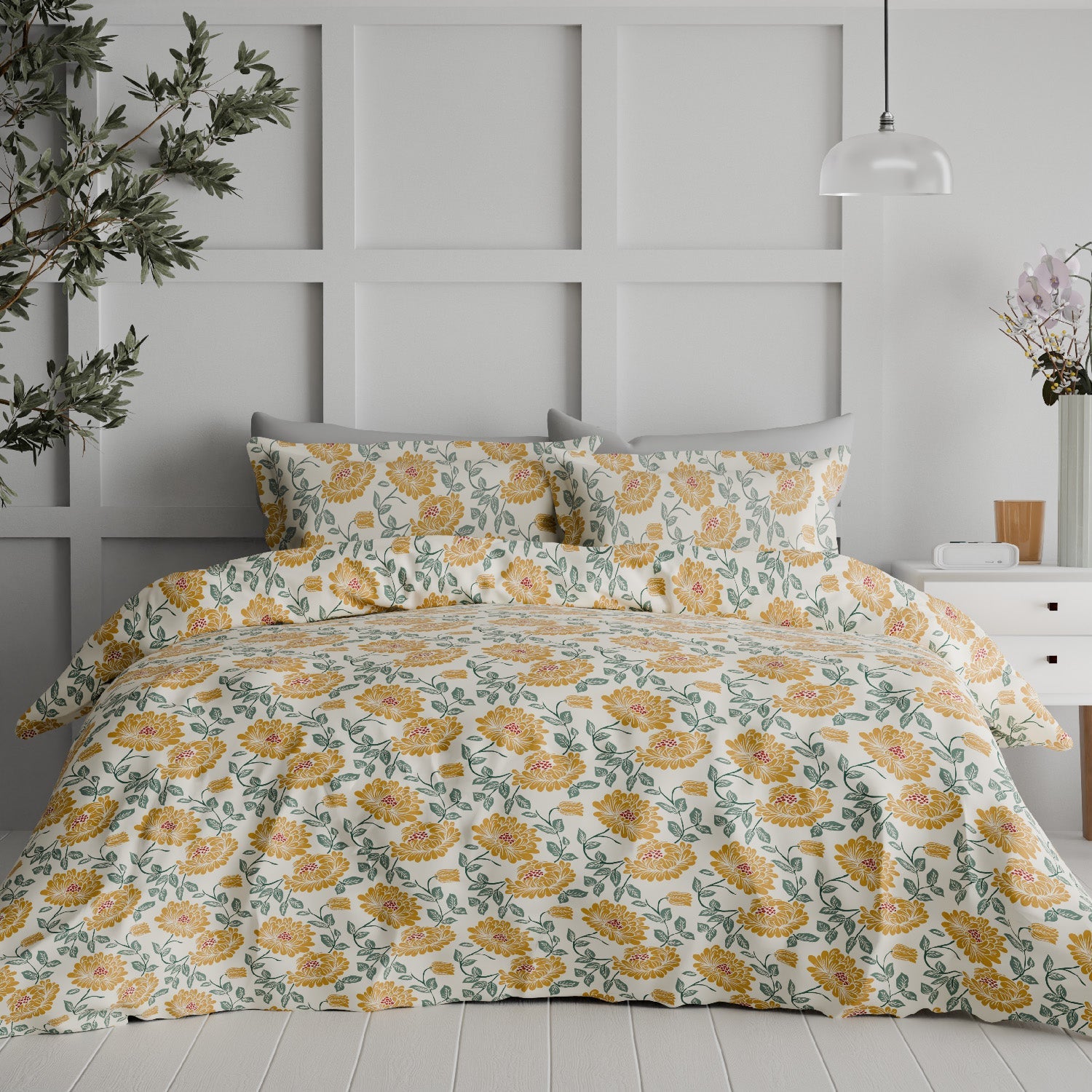 The Comfort Collection | Printed King Bedsheet Set | 120 TC Cotton | Honey Orange