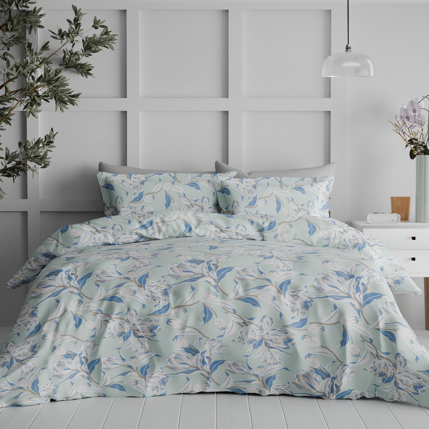 The Comfort Collection | Printed King Bedsheet Set | 120 TC Cotton | Sky Blue