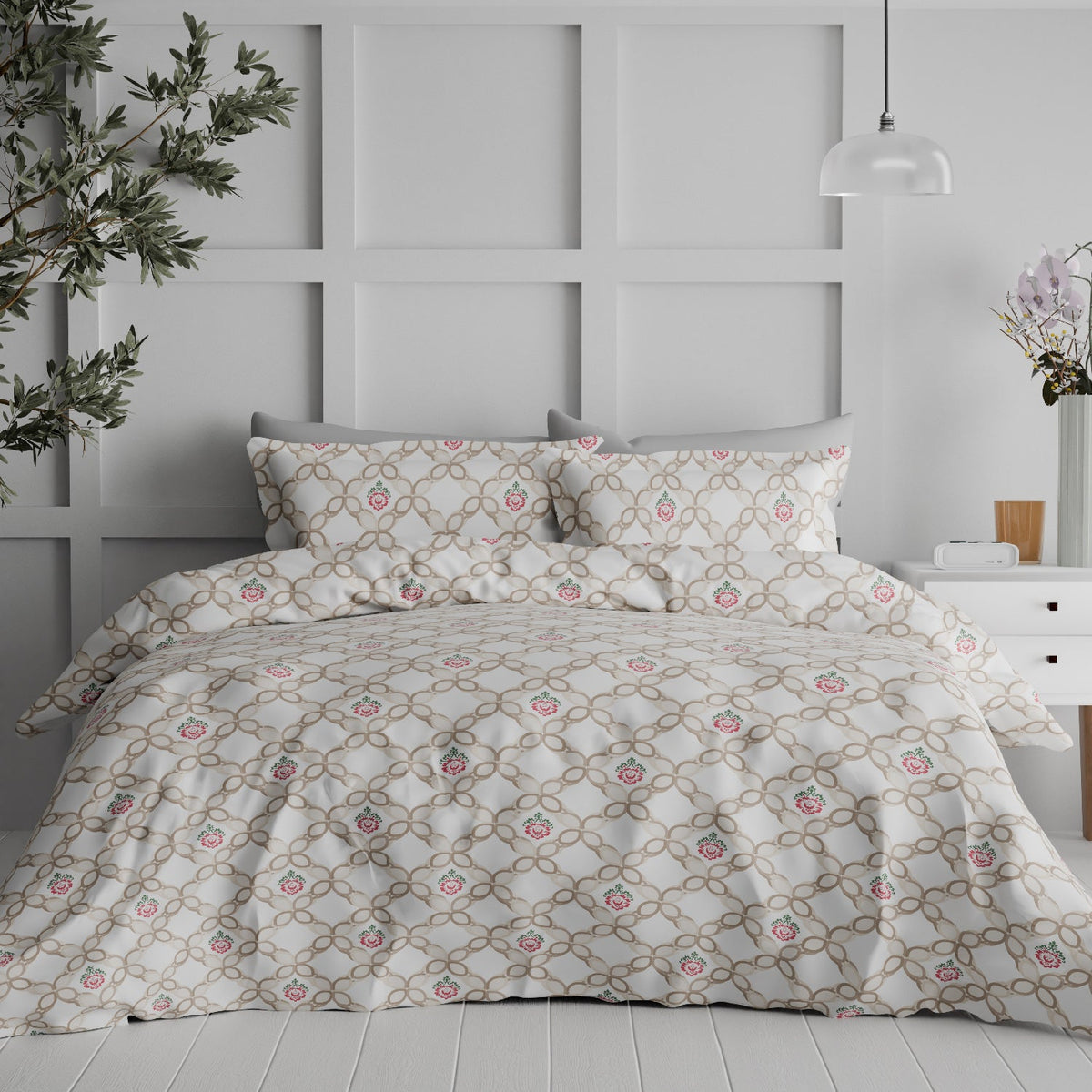 The Comfort Collection | Printed King Bedsheet Set | 144 TC Cotton | Peach Nectar