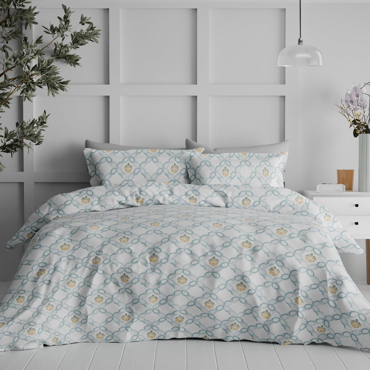 The Comfort Collection | Printed King Bedsheet Set | 144 TC Cotton | Cashmere Blue