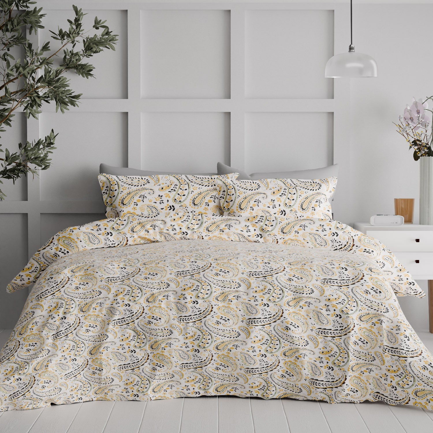 Comfort Collection, Classic | Printed King Bedsheet Set | 144 TC Cotton - Chrome Yellow by Himeya
