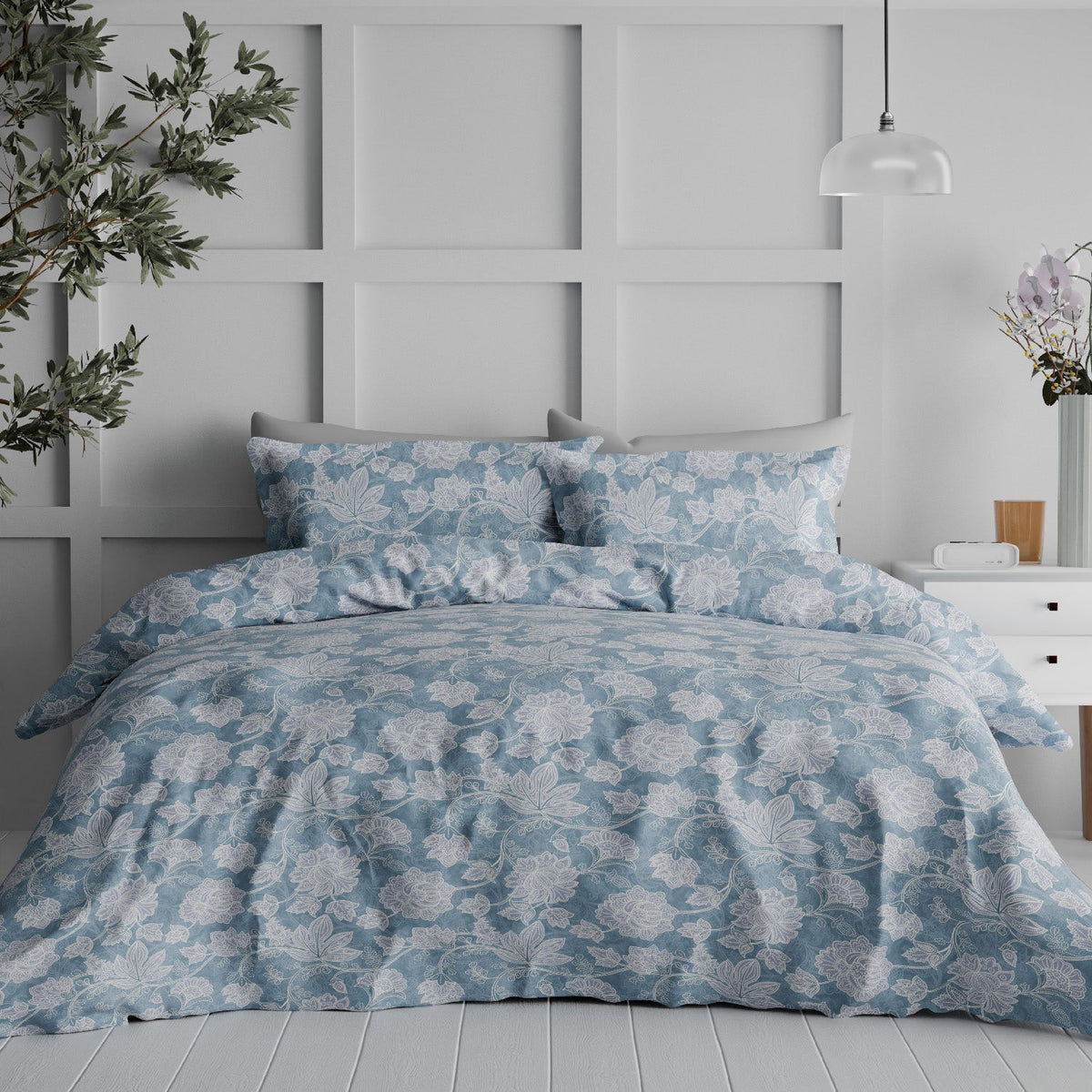 The Comfort Collection | Printed King Bedsheet Set | 144 TC Cotton | Evening Blue