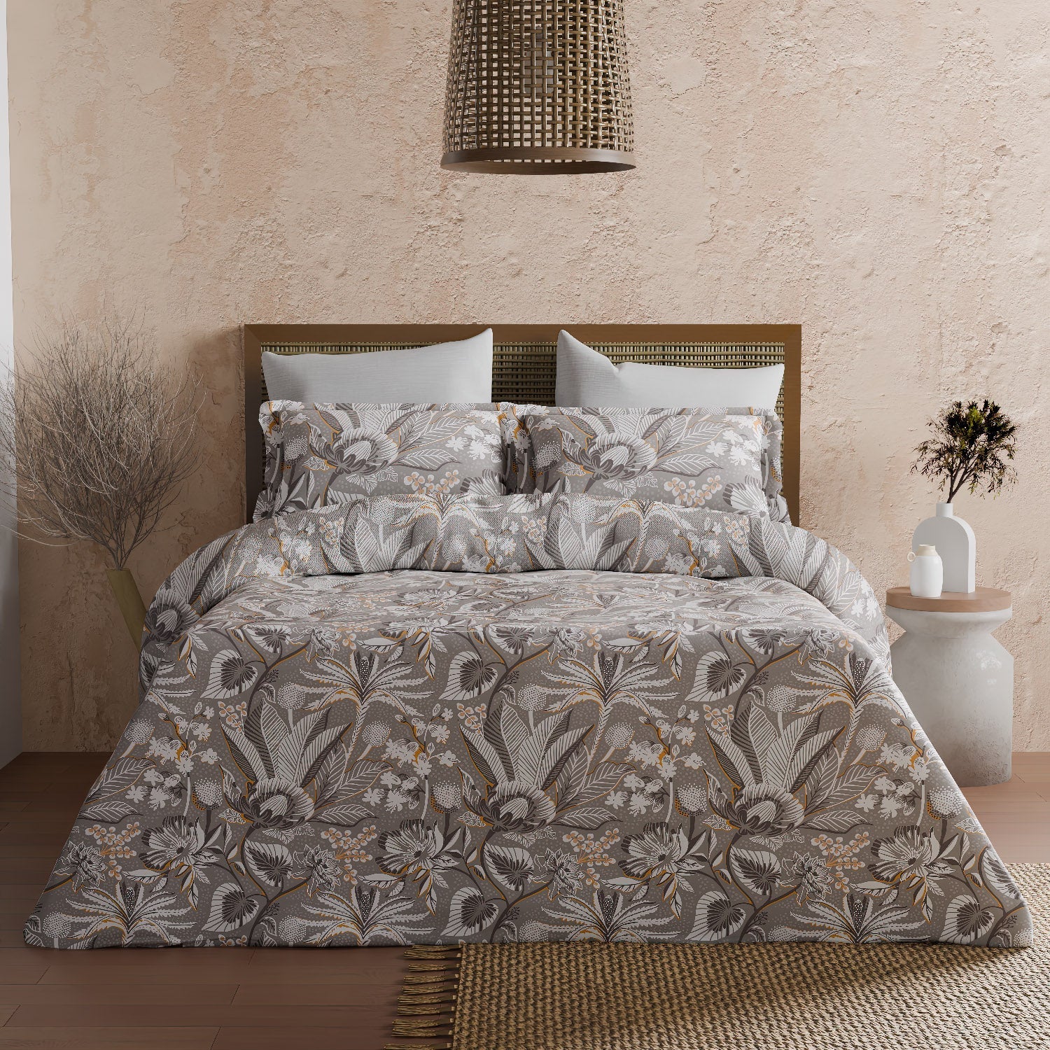 Elite Collection, Botanical Wonder | Printed King Bedsheet Set | 180 TC Cotton -Silver Grey  by Himeya