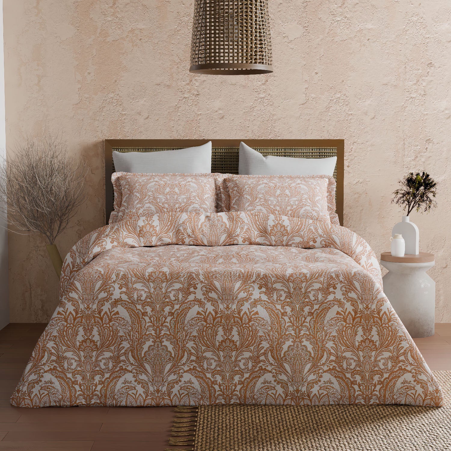 The Elite Collection | Printed King Bedsheet Set | 180 TC Cotton | Spanish Peach