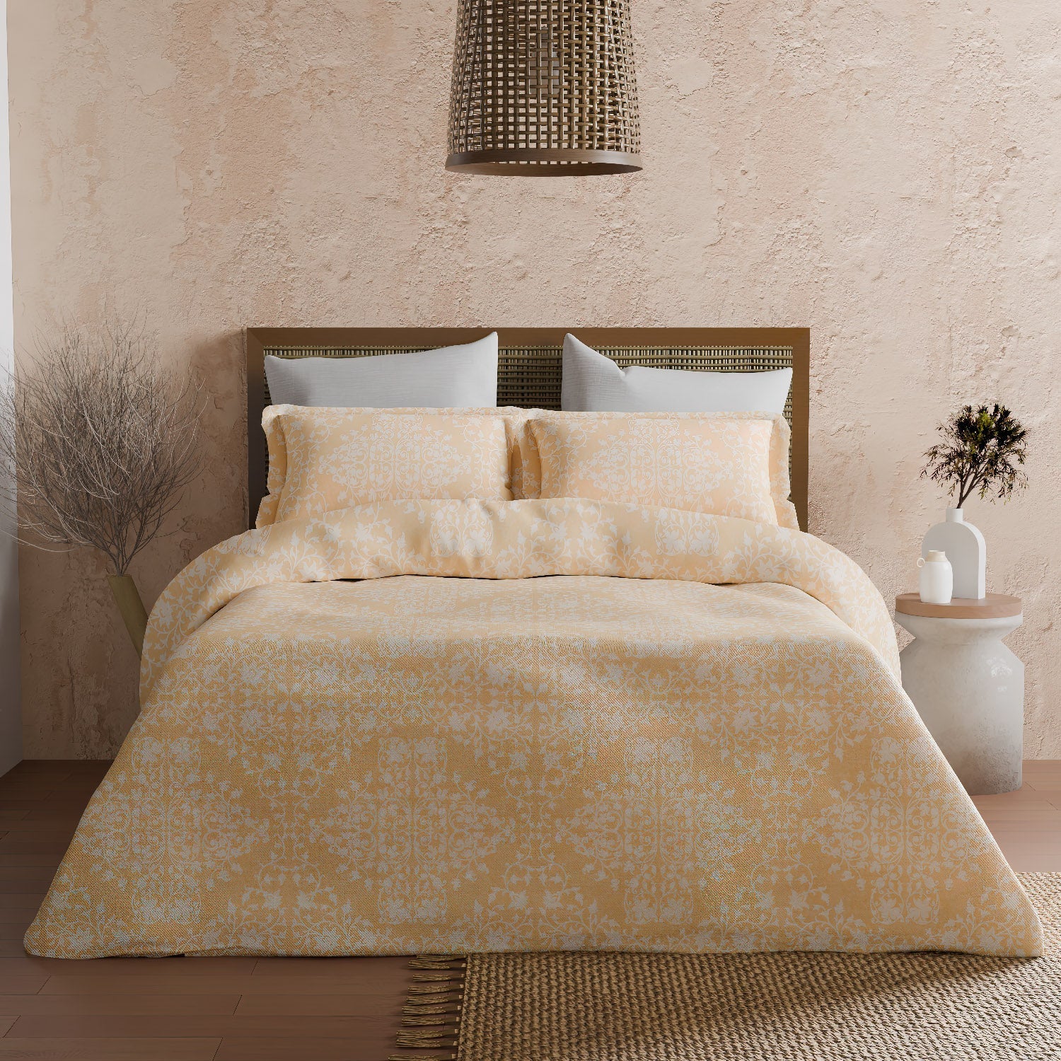 The Elite Collection | Printed King Bedsheet Set | 180 TC Cotton | Ecru