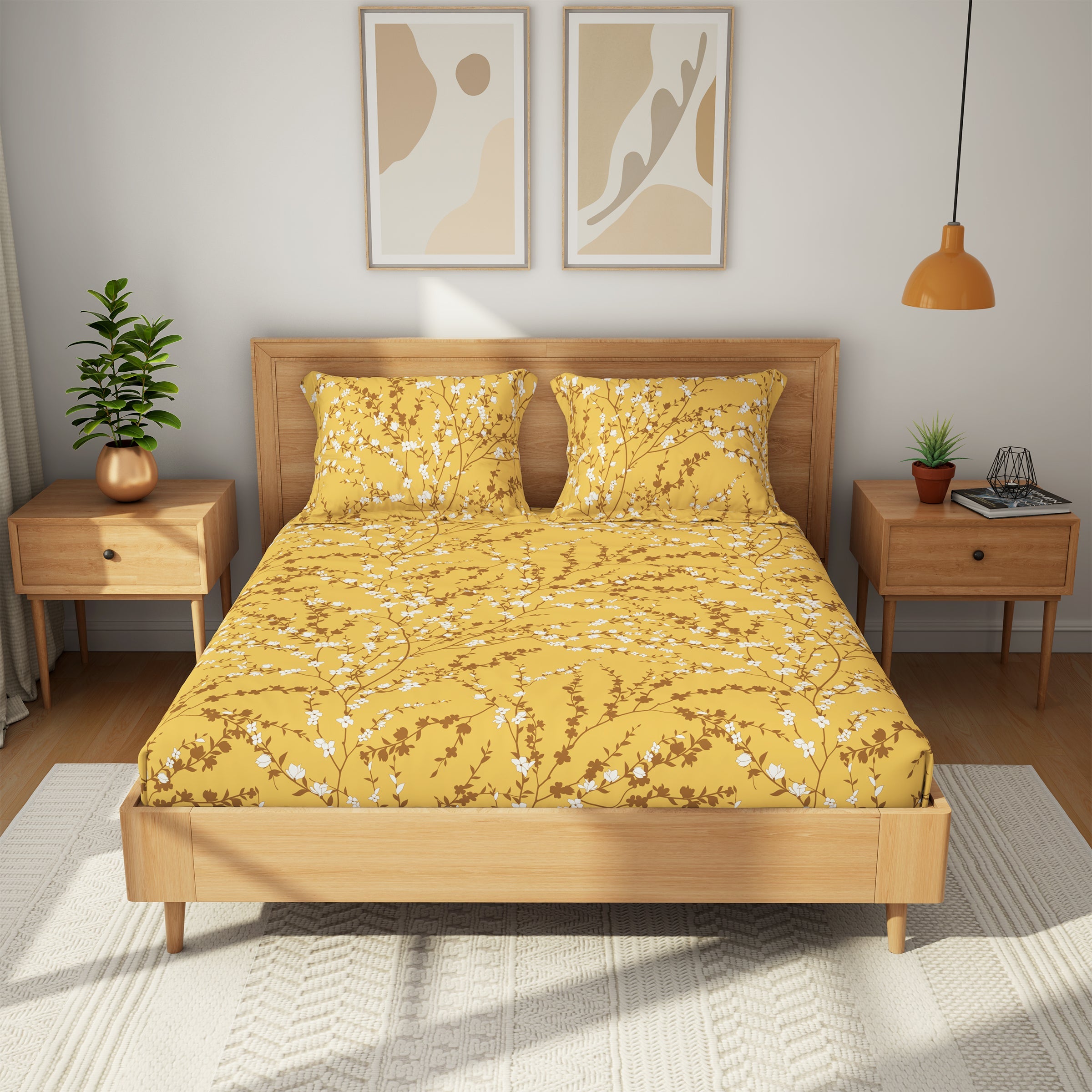 The Comfort Collection | Printed King Bedsheet Set | 120 TC Cotton | Sunrise Yellow