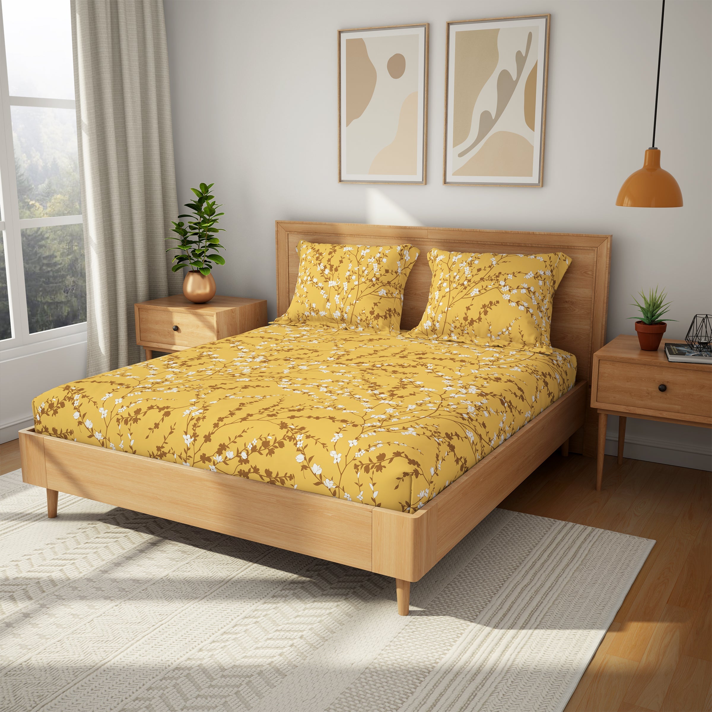 The Comfort Collection | Printed King Bedsheet Set | 120 TC Cotton | Sunrise Yellow
