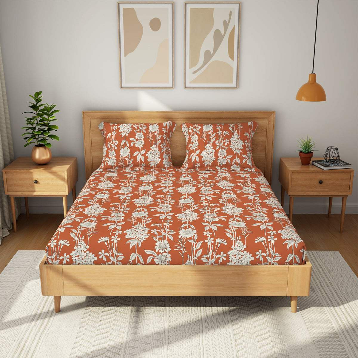 The Comfort Collection | Printed King Bedsheet Set | 120 TC Cotton | Tangerine
