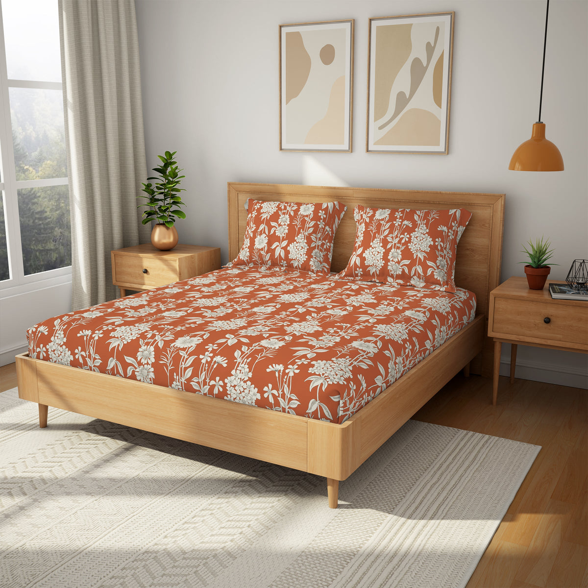 The Comfort Collection | Printed King Bedsheet Set | 120 TC Cotton | Tangerine