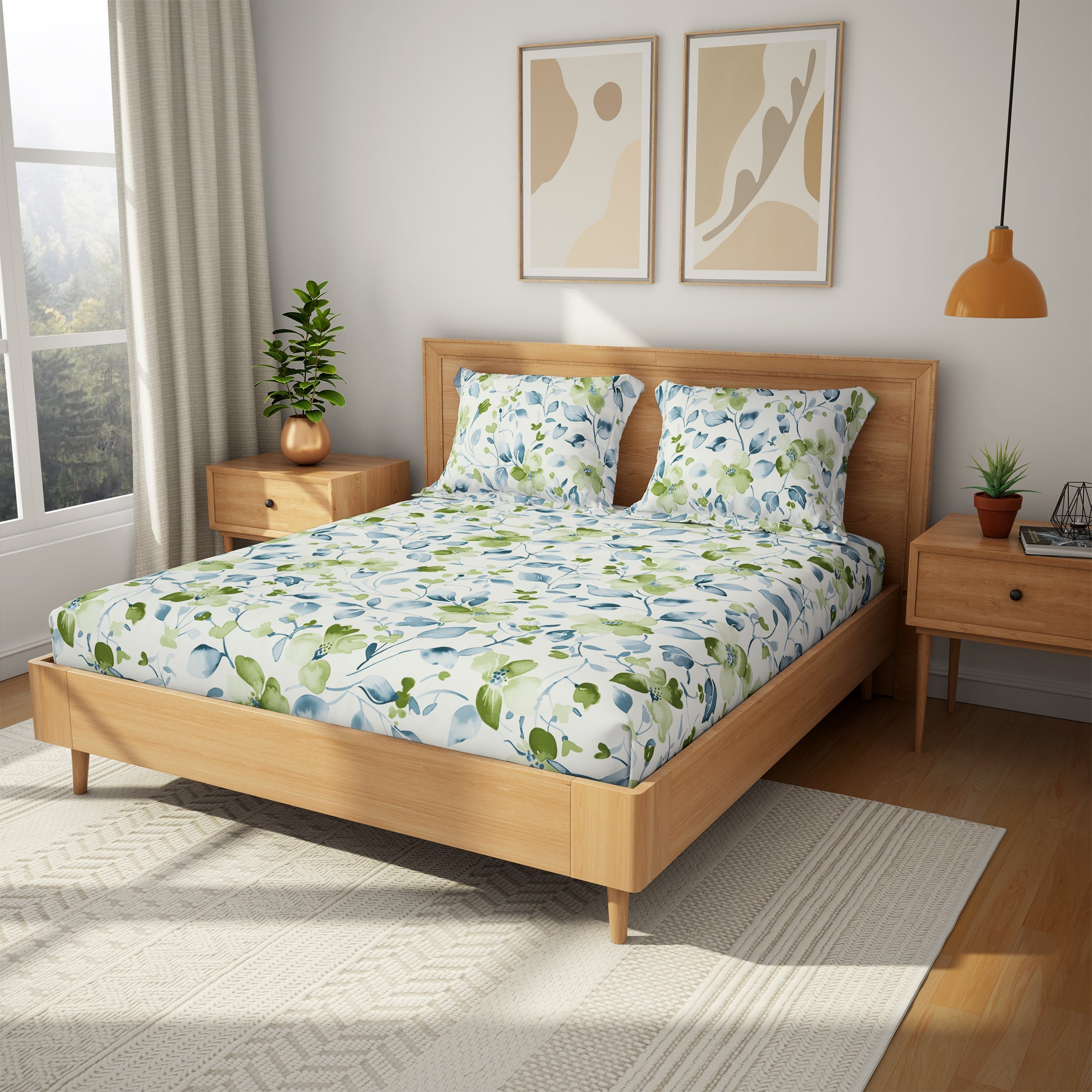 The Comfort Collection | Printed King Bedsheet Set | 120 TC Cotton | Fresh Lime