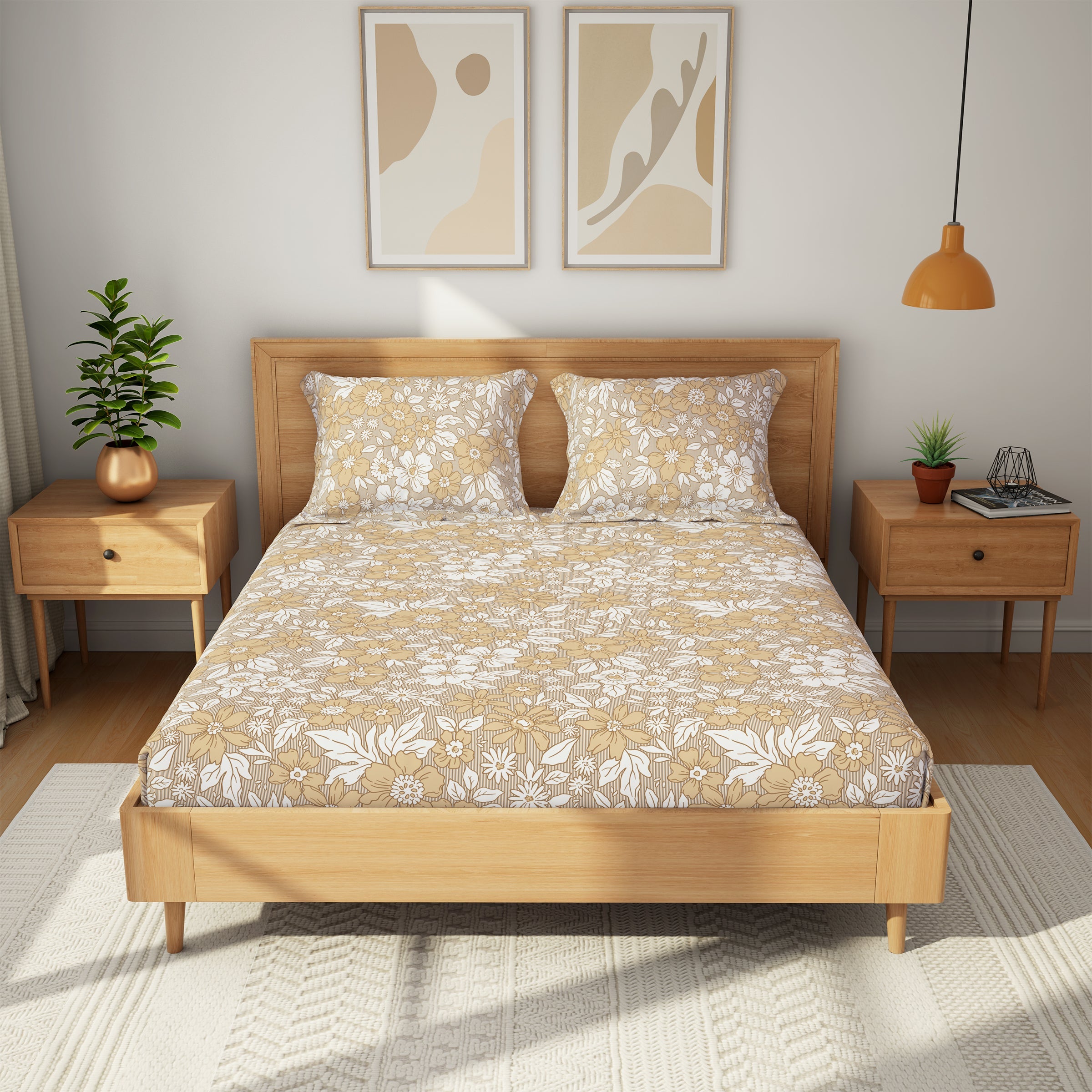 The Comfort Collection | Printed King Bedsheet Set | 120 TC Cotton | Beige Wood