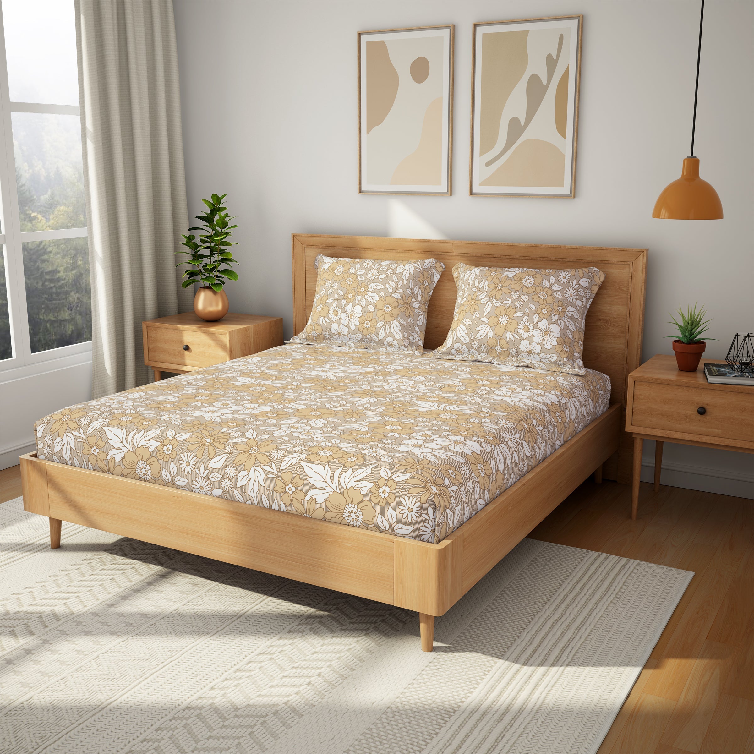 The Comfort Collection | Printed King Bedsheet Set | 120 TC Cotton | Beige Wood