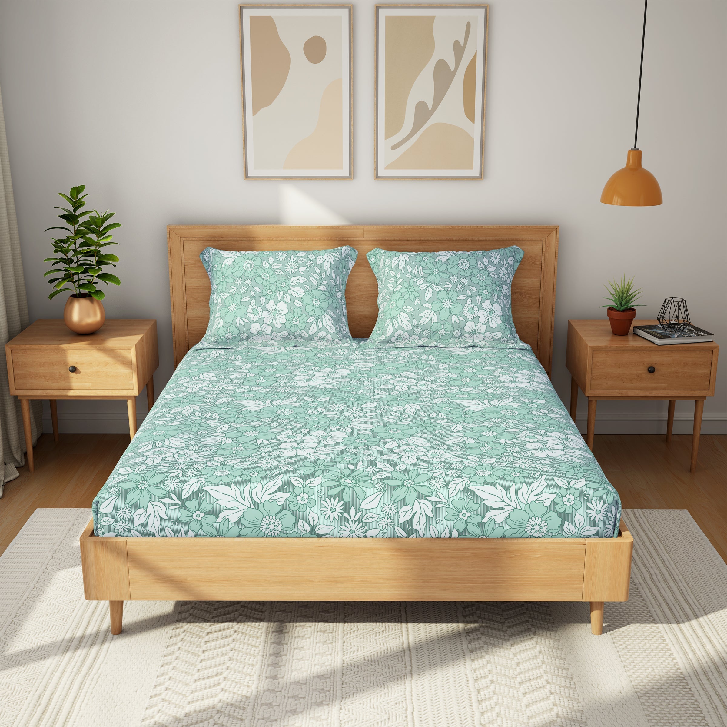 The Comfort Collection | Printed King Bedsheet Set | 120 TC Cotton | Mint Spring