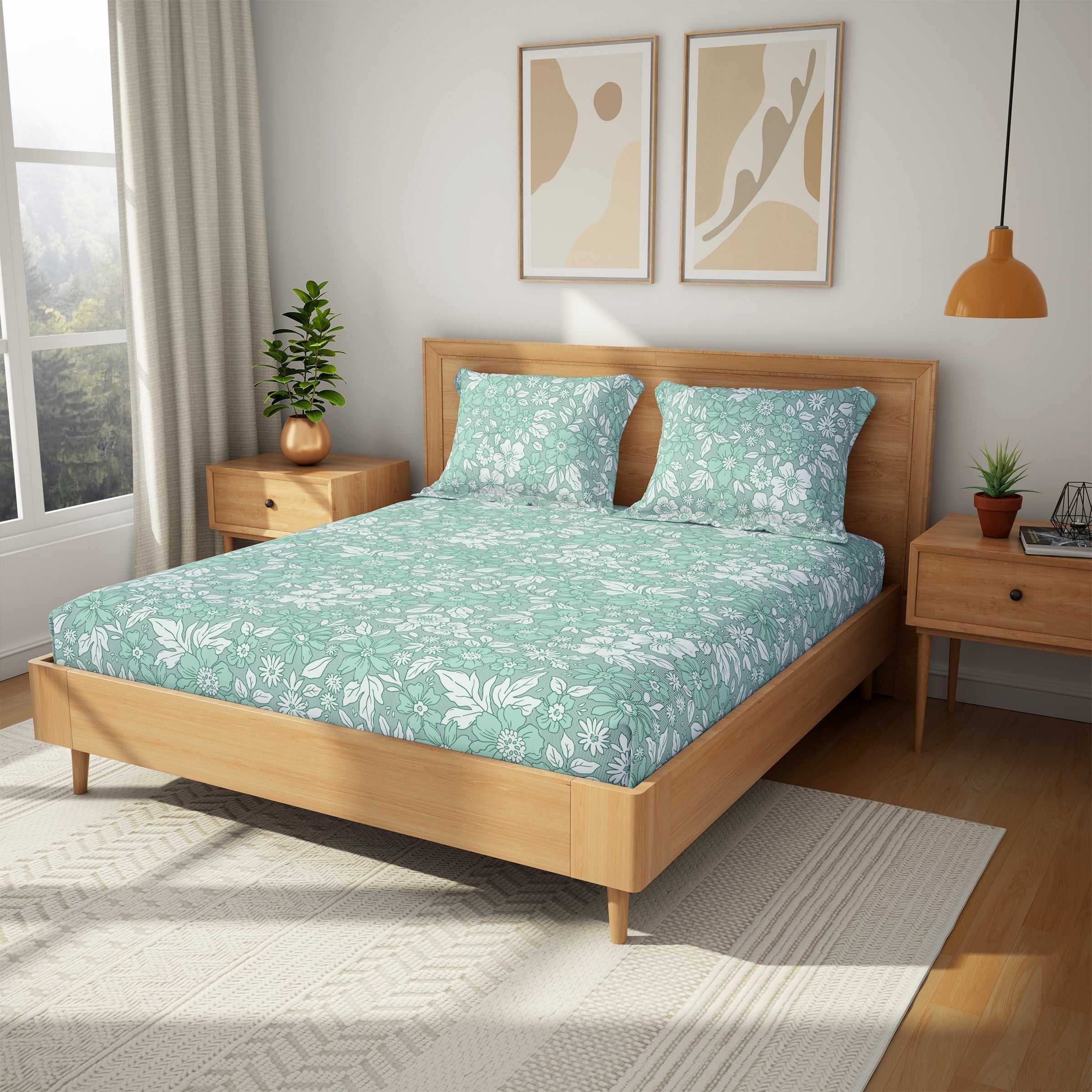 The Comfort Collection | Printed King Bedsheet Set | 120 TC Cotton | Mint Spring