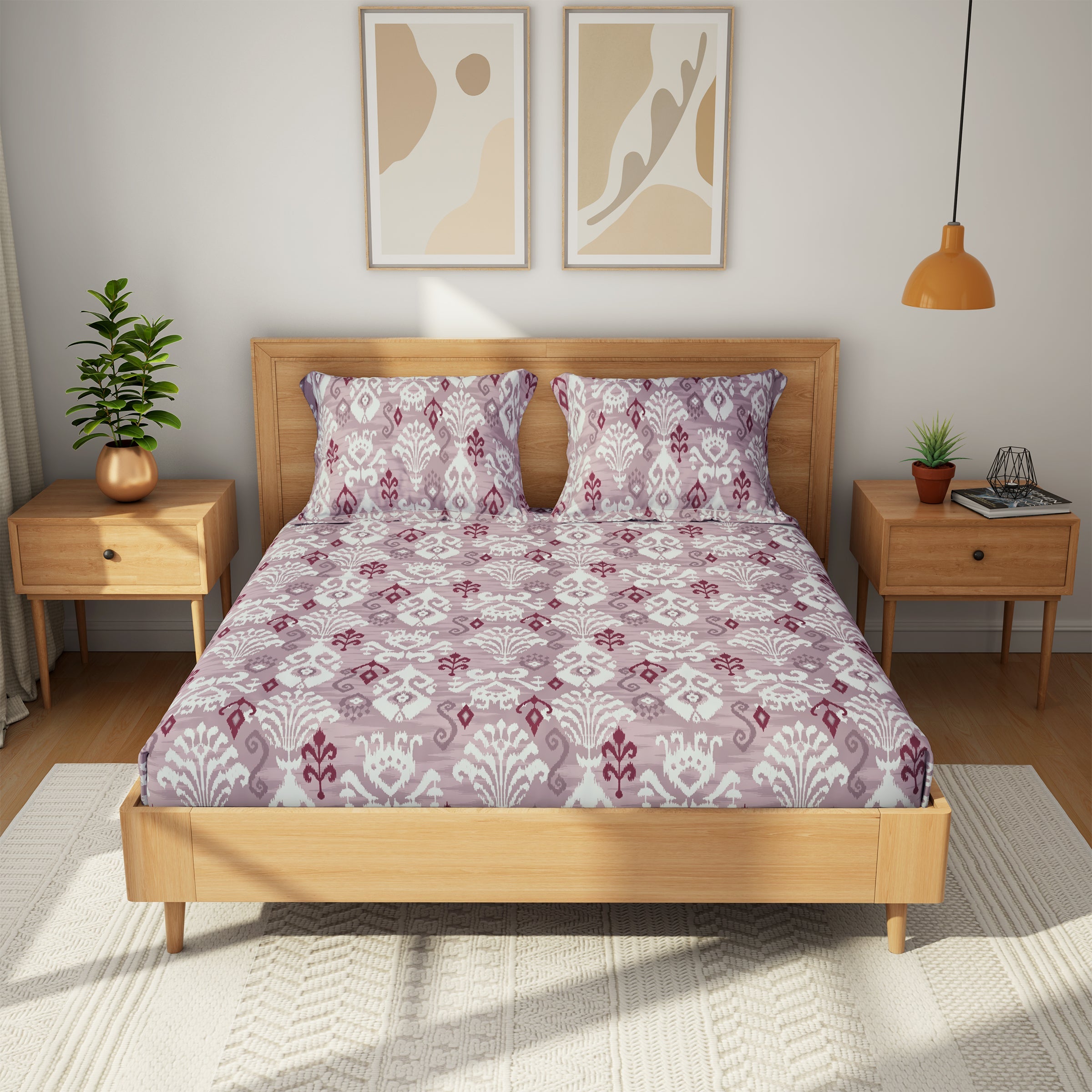 The Comfort Collection | Printed King Bedsheet Set | 144 TC Cotton | Grey Burgundy