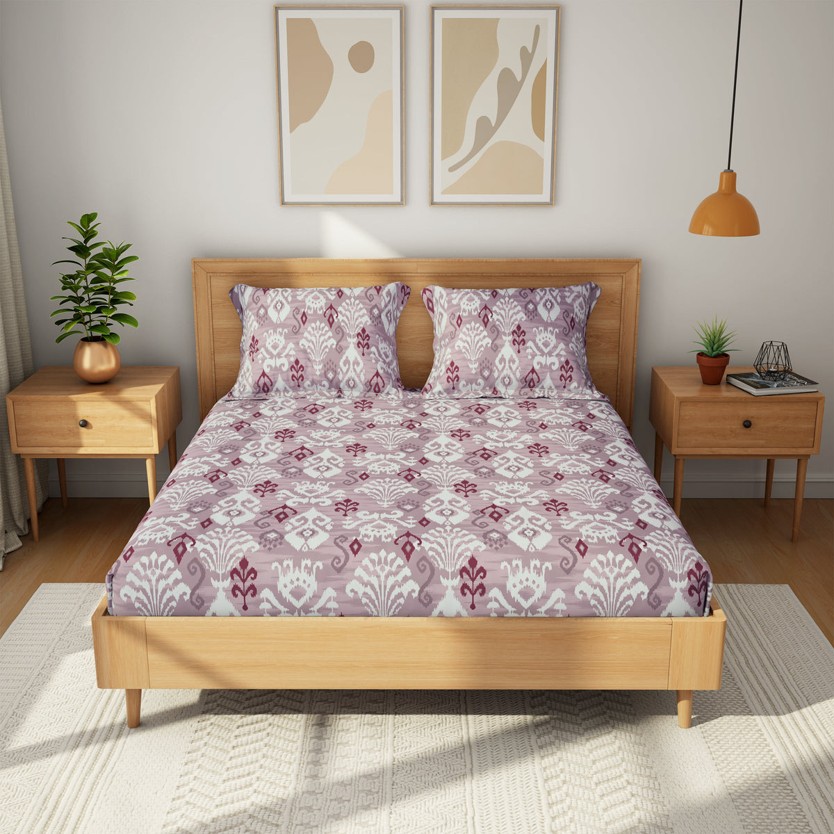 The Comfort Collection | Printed King Bedsheet Set | 144 TC Cotton | Grey Burgundy