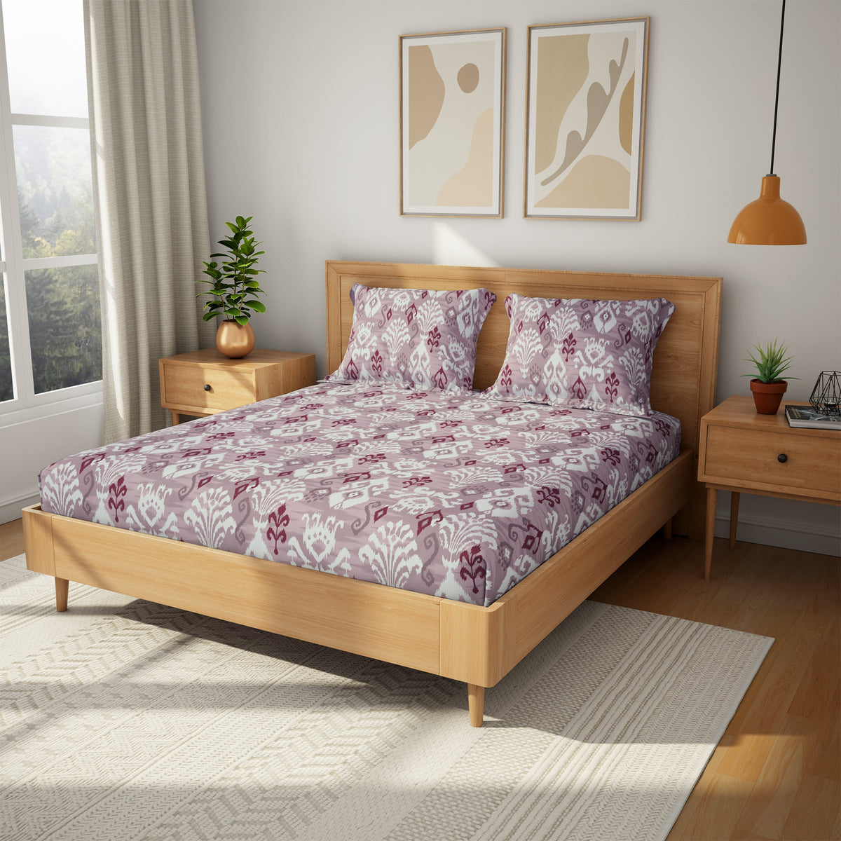The Comfort Collection | Printed King Bedsheet Set | 144 TC Cotton | Grey Burgundy