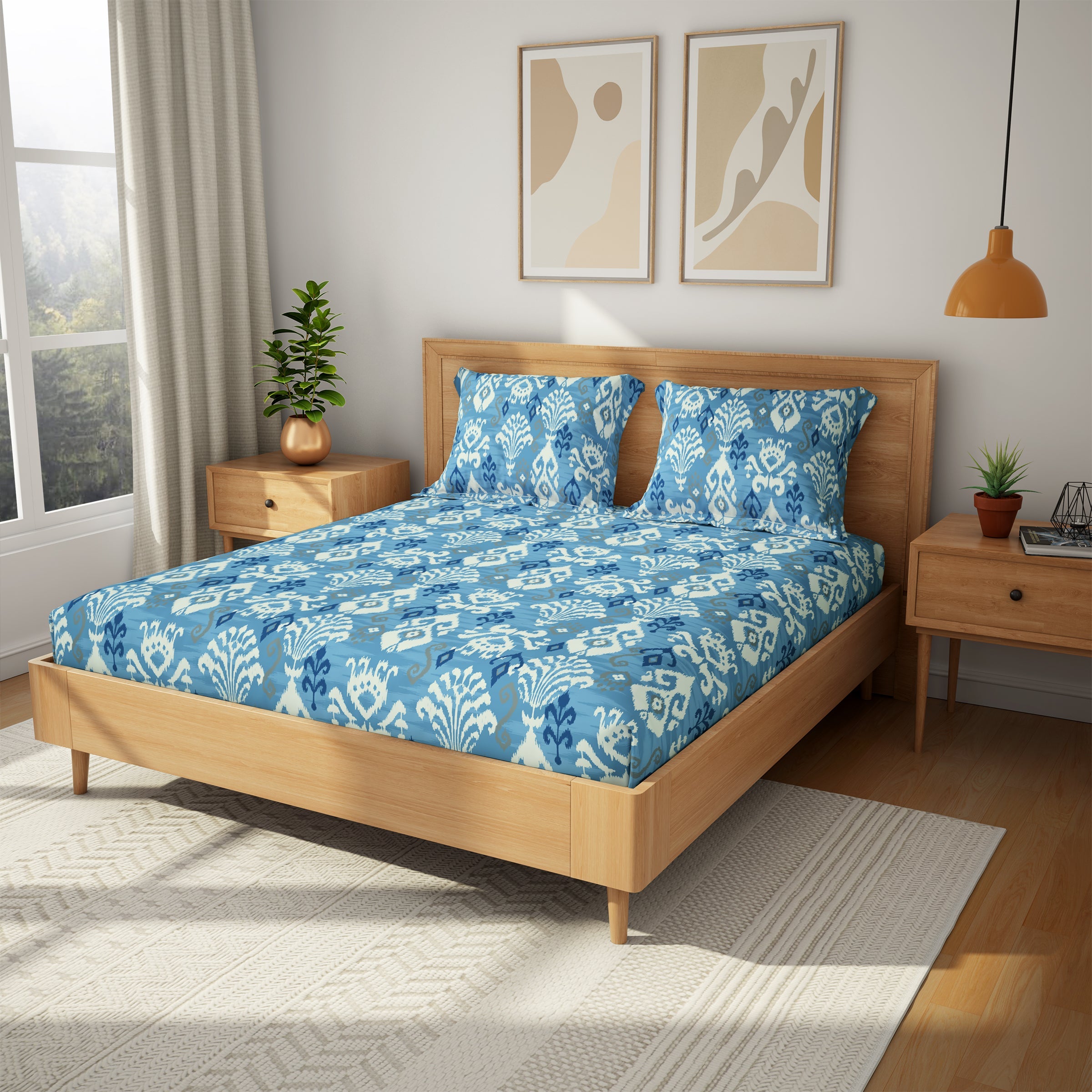 The Comfort Collection | Printed King Bedsheet Set | 144 TC Cotton | Night Blue