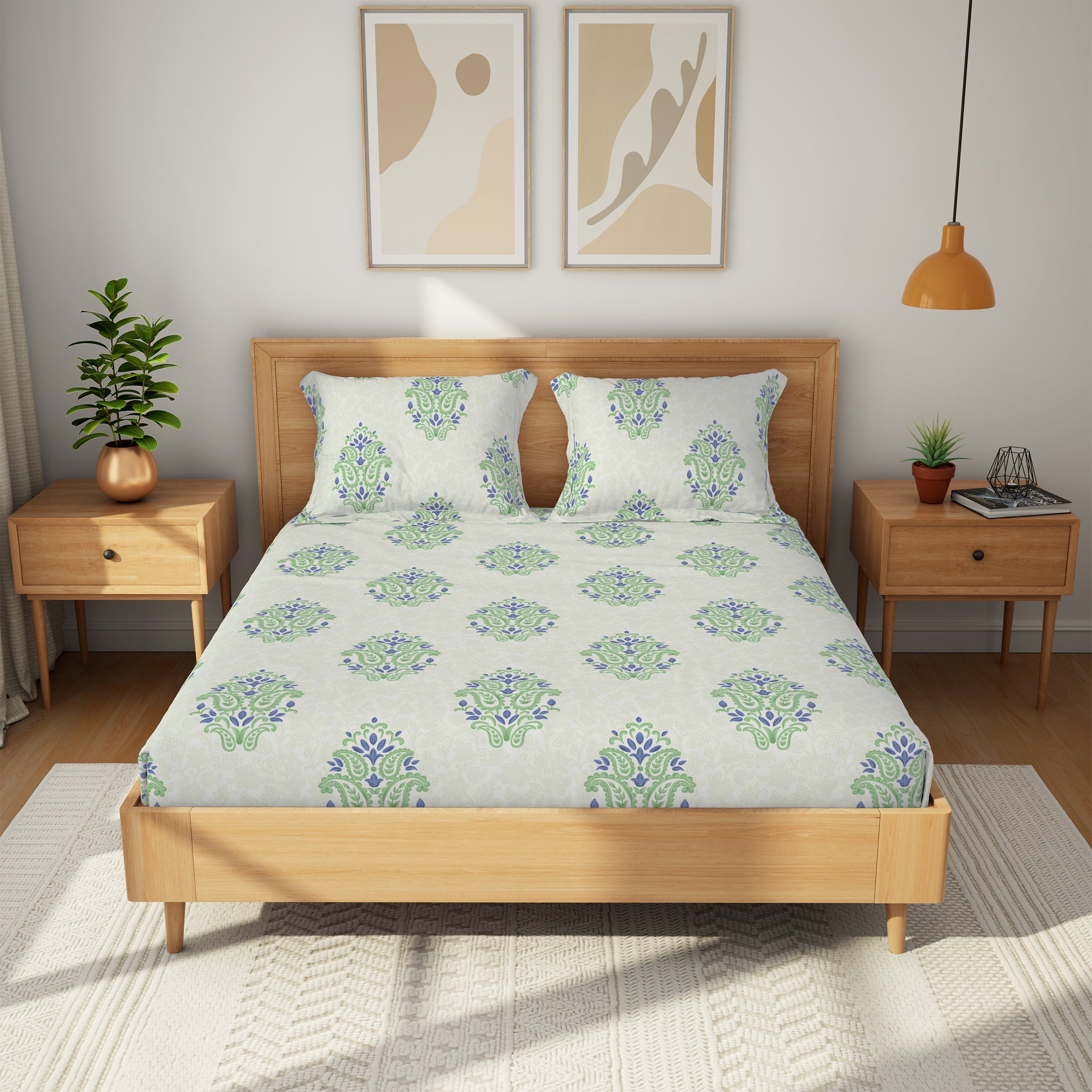 The Comfort Collection | Printed King Bedsheet Set | 144 TC Cotton | Emerald Green