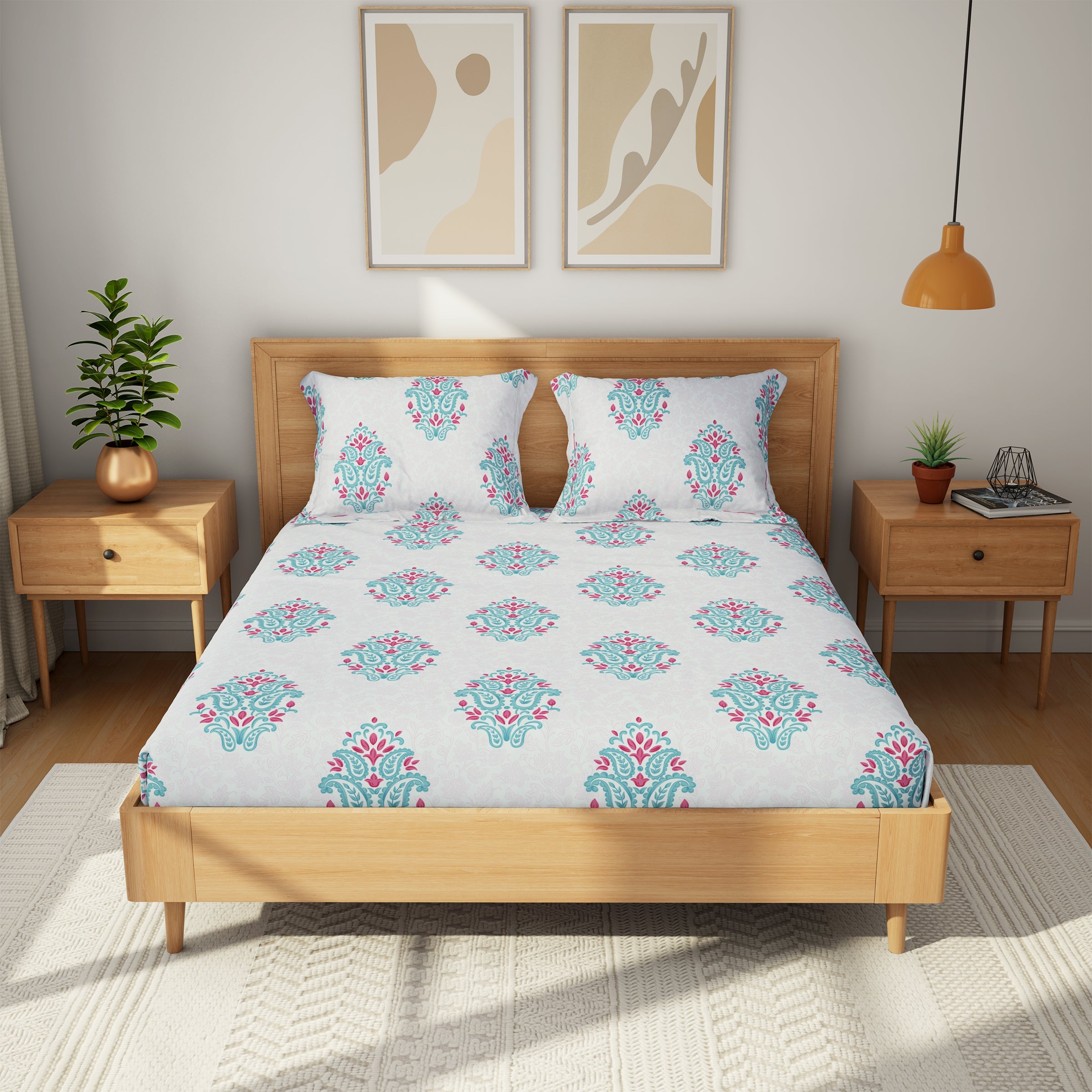 The Comfort Collection | Printed King Bedsheet Set | 144 TC Cotton | Ruby Pink