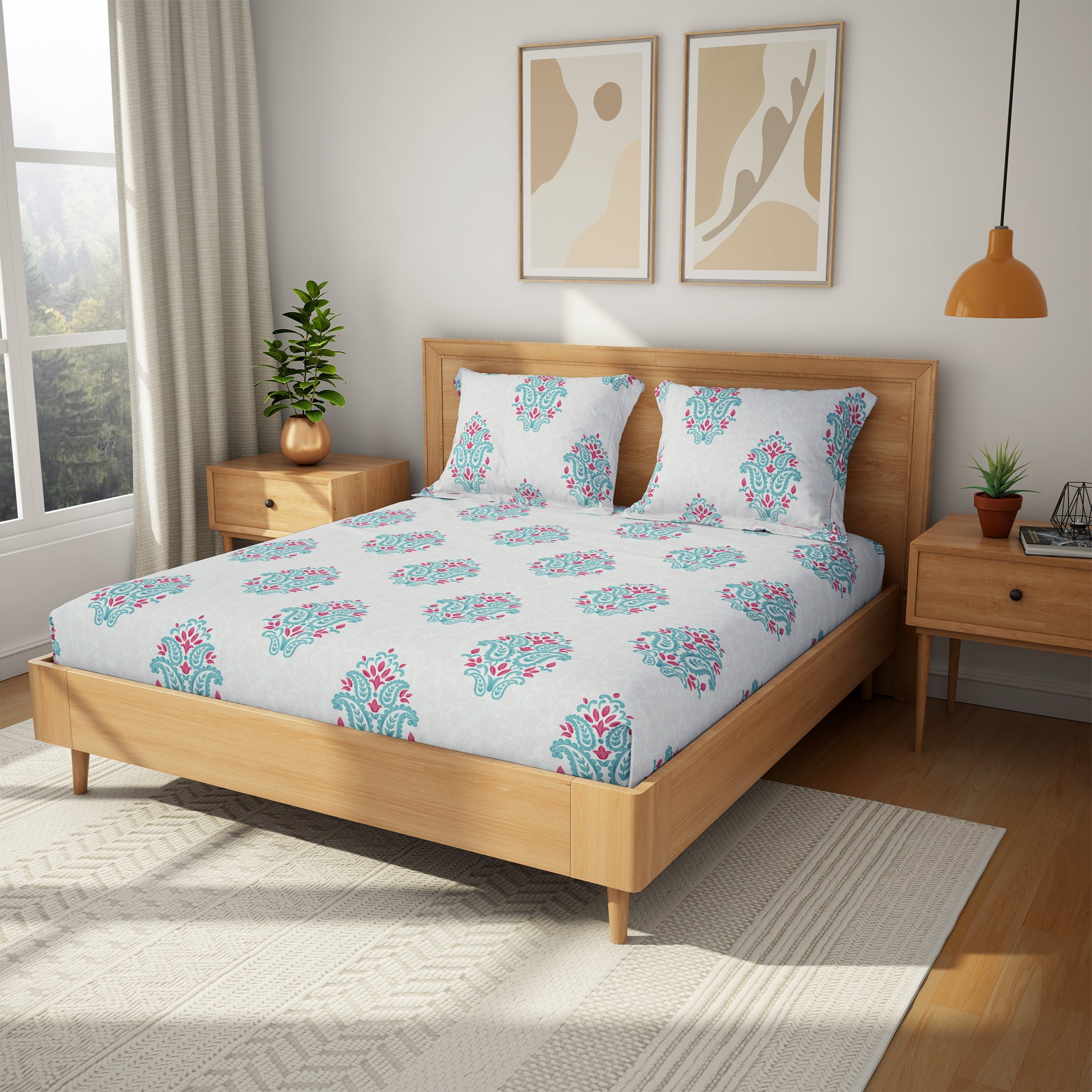 The Comfort Collection | Printed King Bedsheet Set | 144 TC Cotton | Ruby Pink