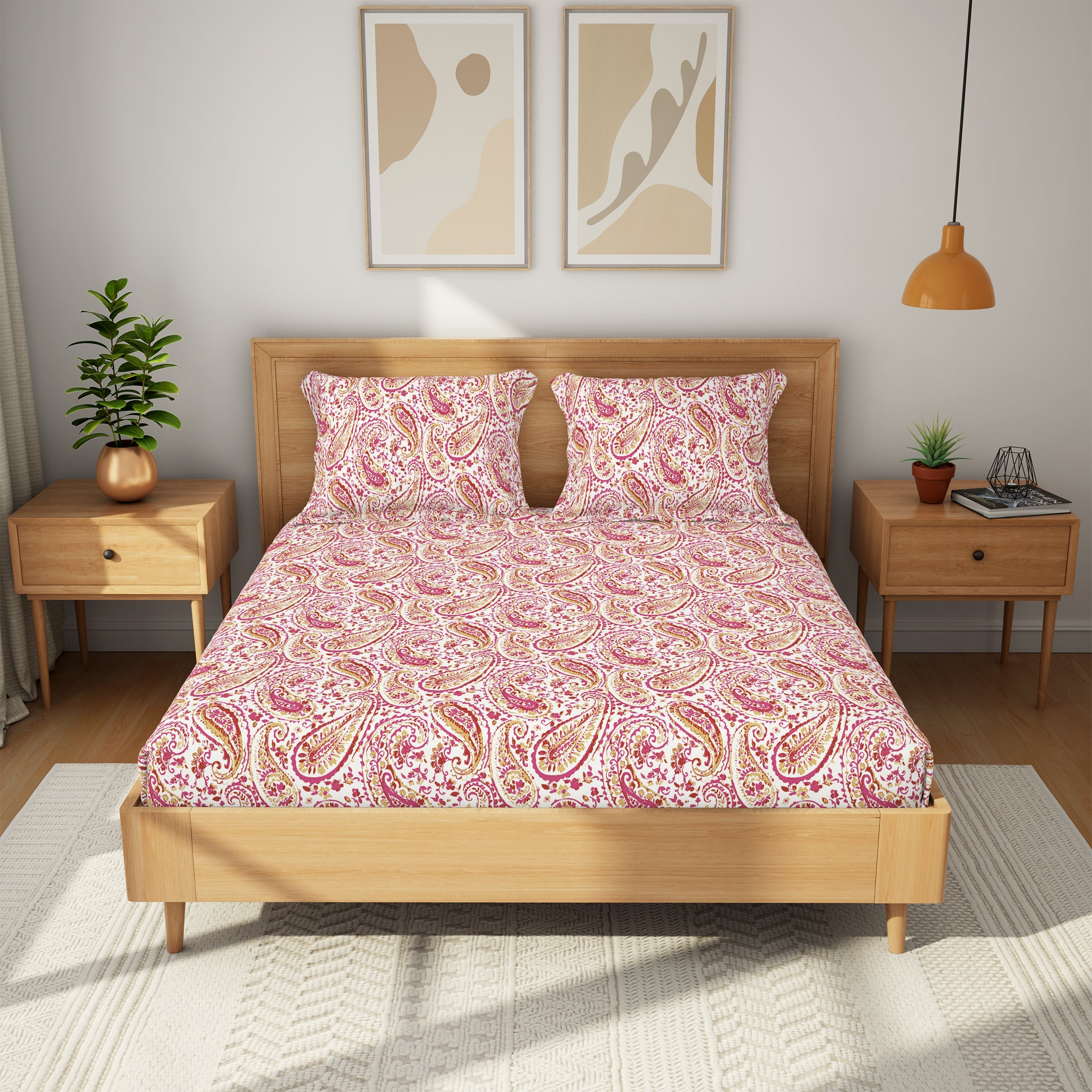The Comfort Collection | Printed King Bedsheet Set | 144 TC Cotton | Fuchsia Pink