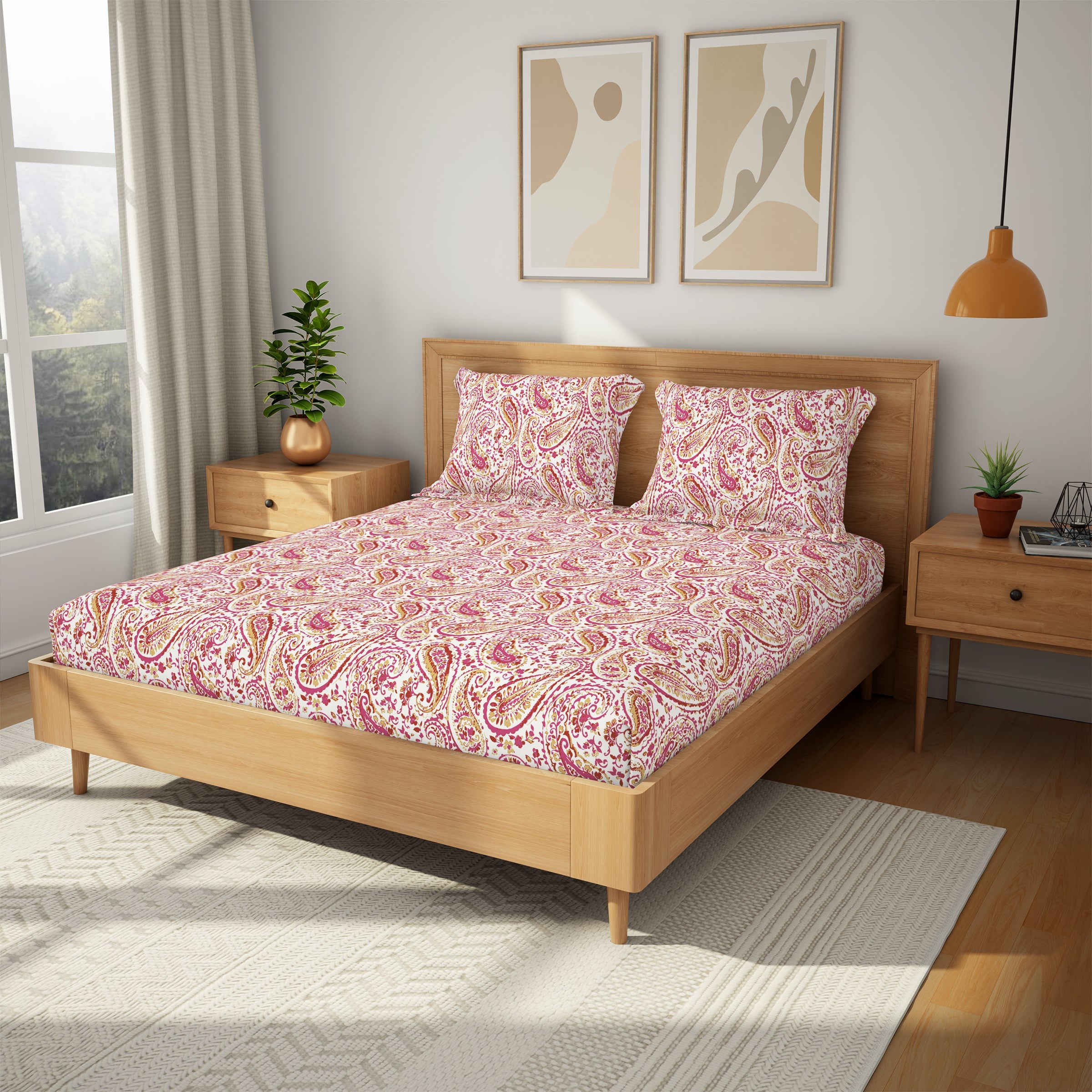 The Comfort Collection | Printed King Bedsheet Set | 144 TC Cotton | Fuchsia Pink