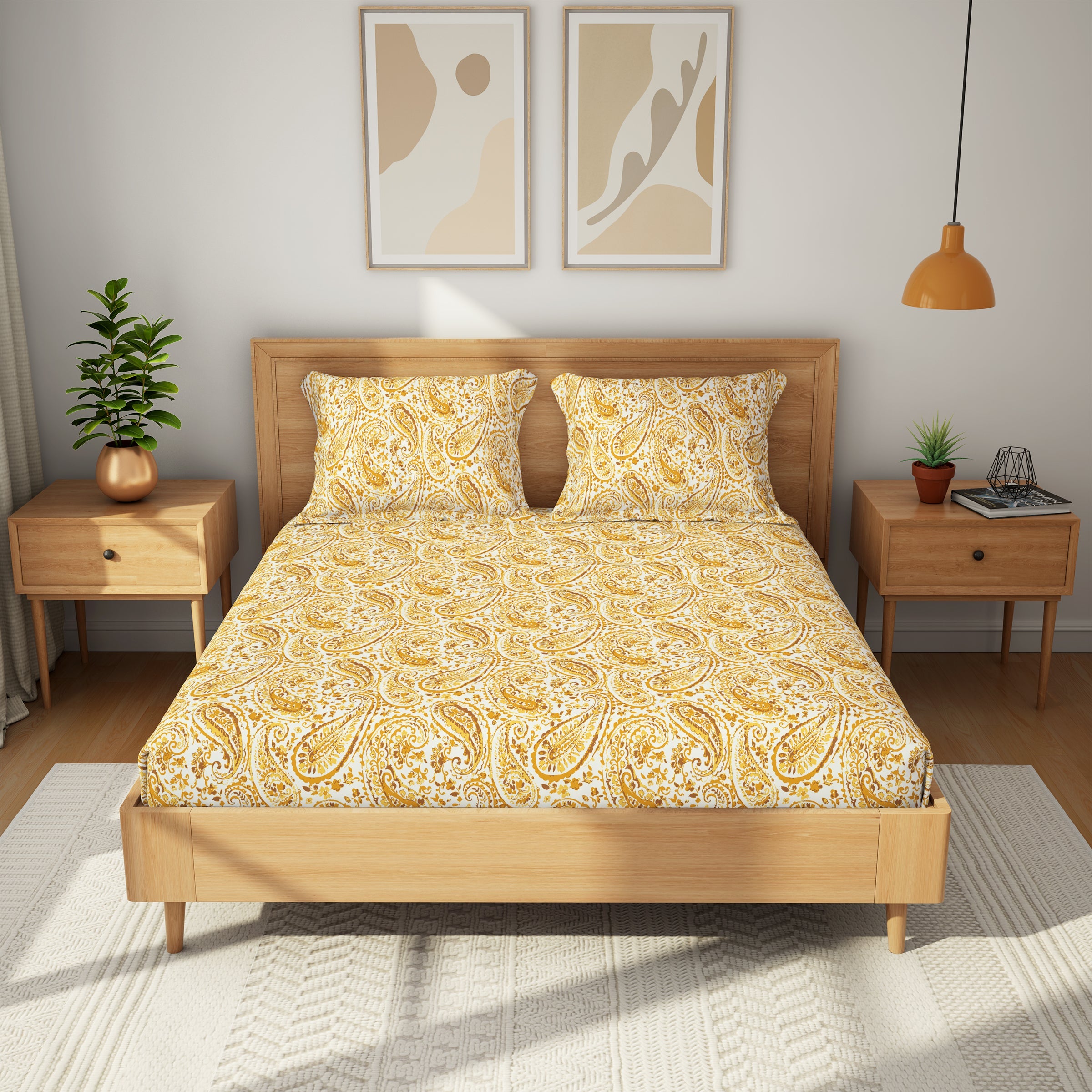 The Comfort Collection | Printed King Bedsheet Set | 144 TC Cotton | Golden Brown