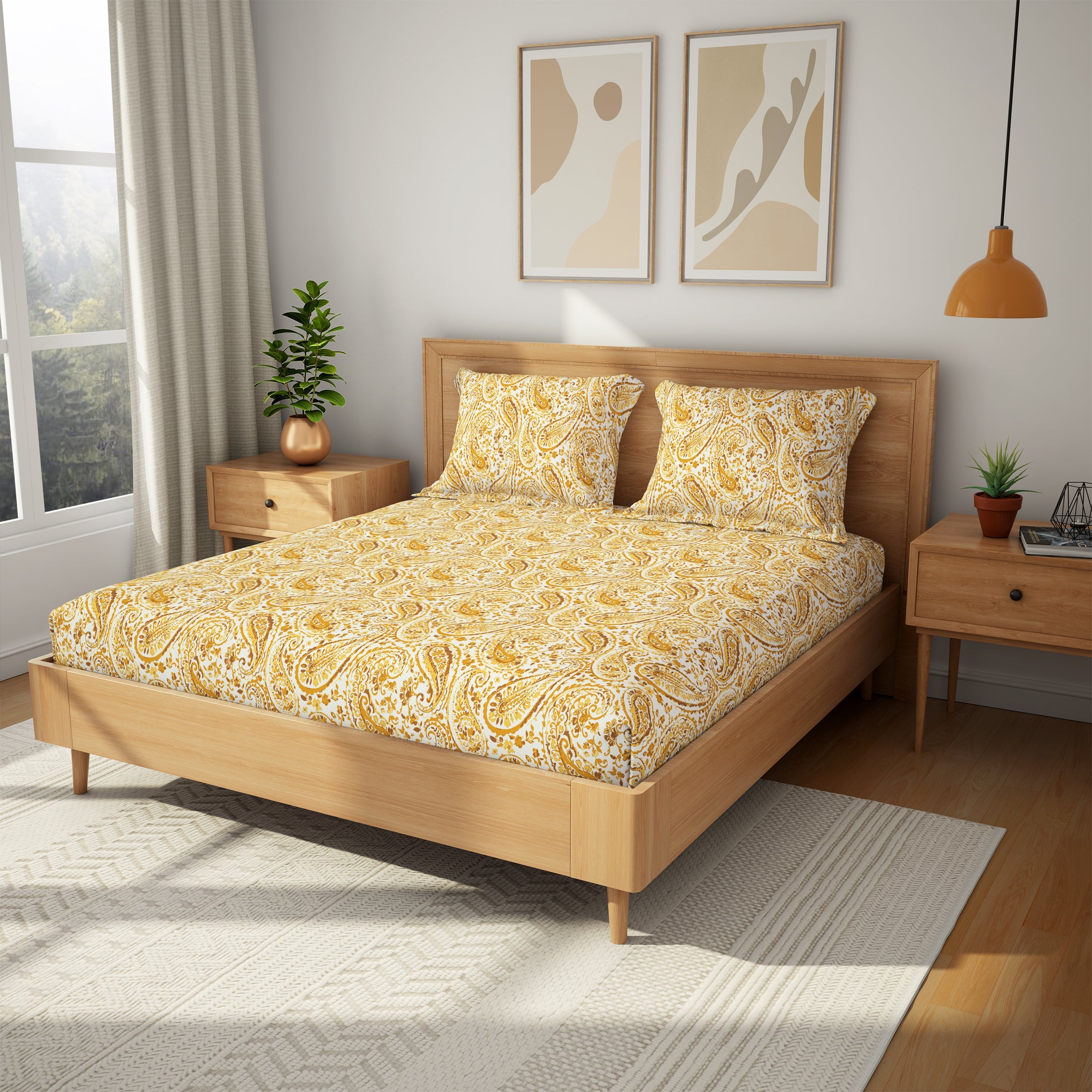 The Comfort Collection | Printed King Bedsheet Set | 144 TC Cotton | Golden Brown