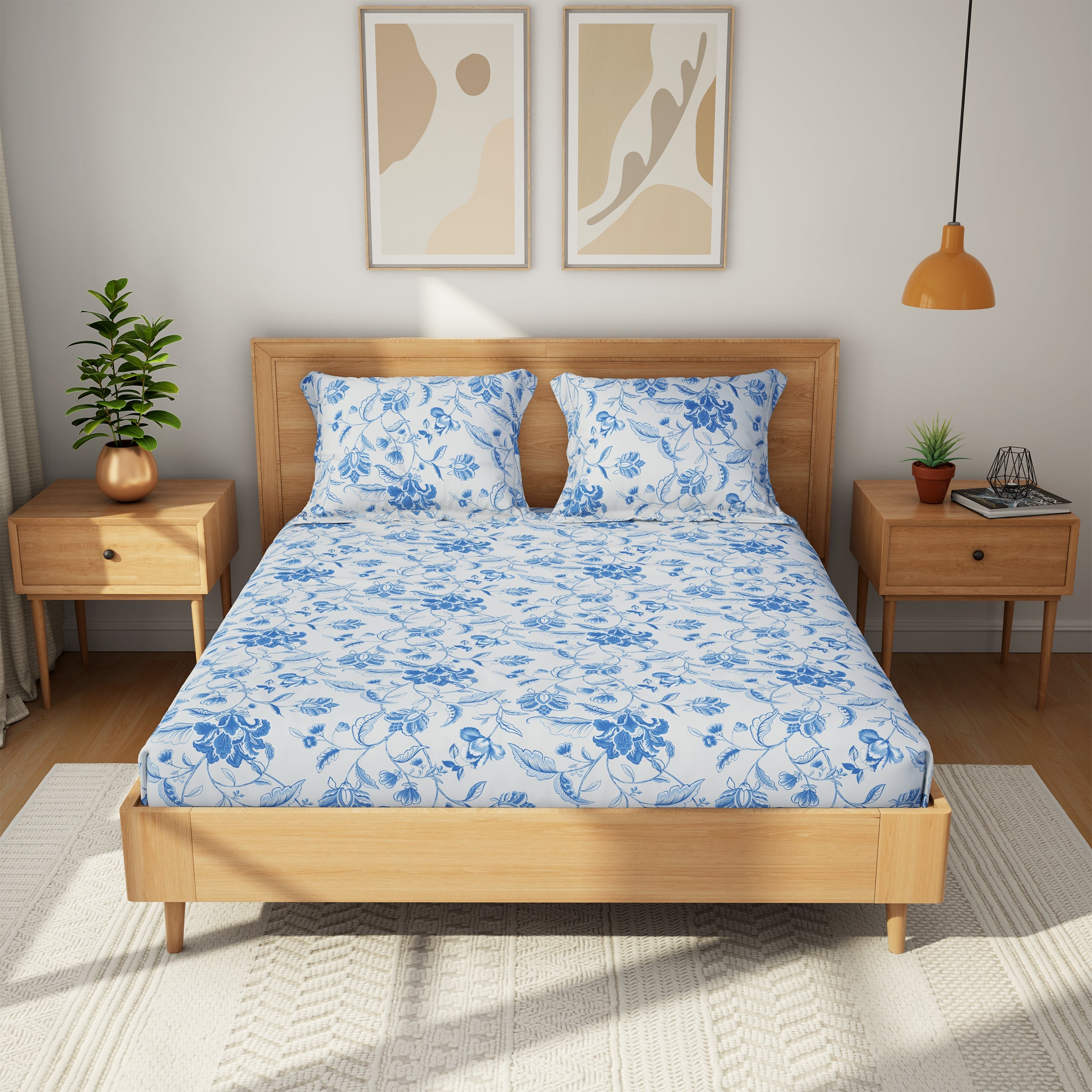 The Comfort Collection | Printed King Bedsheet Set | 144 TC Cotton | Slate Blue