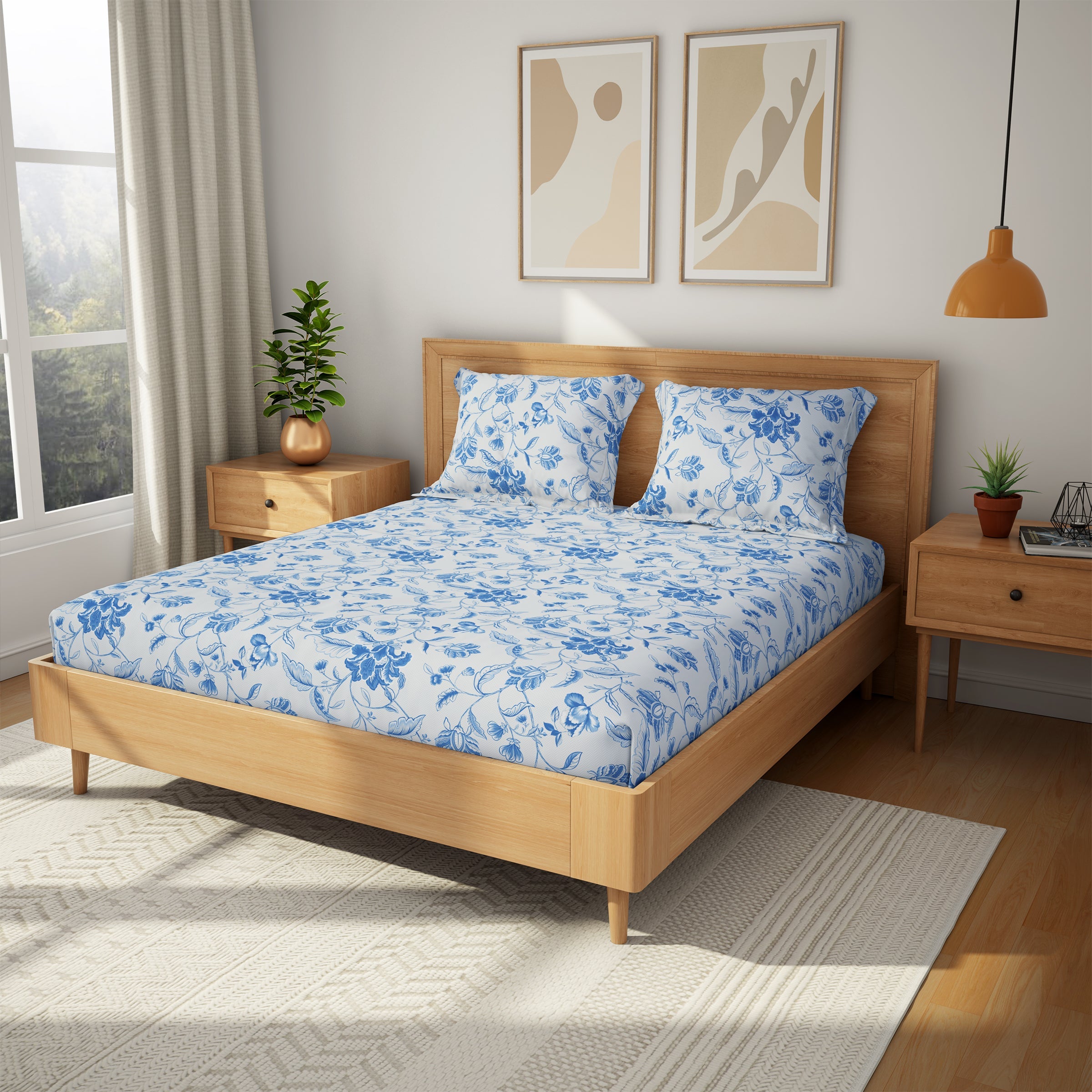 The Comfort Collection | Printed King Bedsheet Set | 144 TC Cotton | Slate Blue
