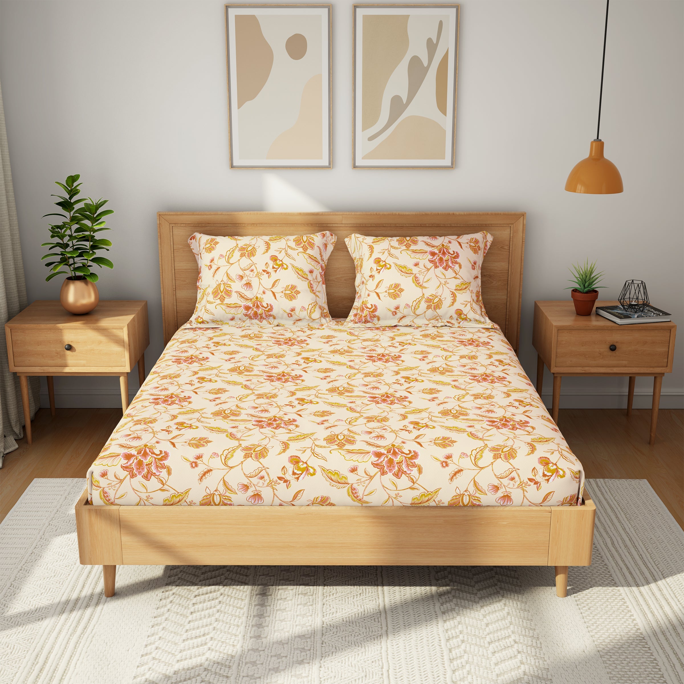 The Comfort Collection | Printed King Bedsheet Set | 144 TC Cotton | Sand Peach
