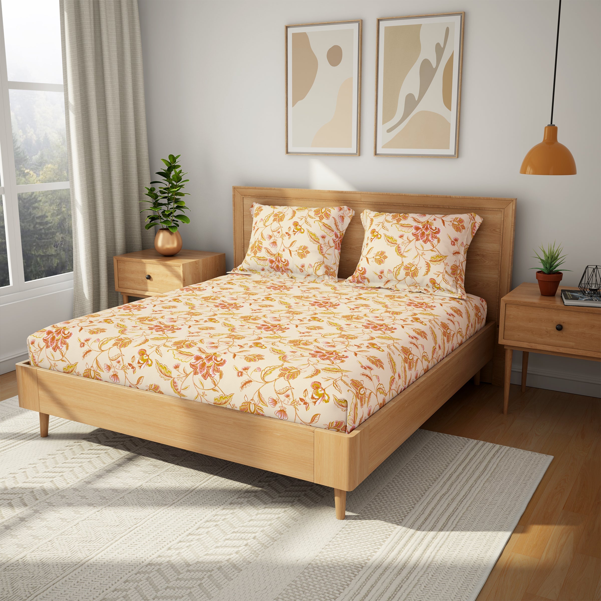 The Comfort Collection | Printed King Bedsheet Set | 144 TC Cotton | Sand Peach