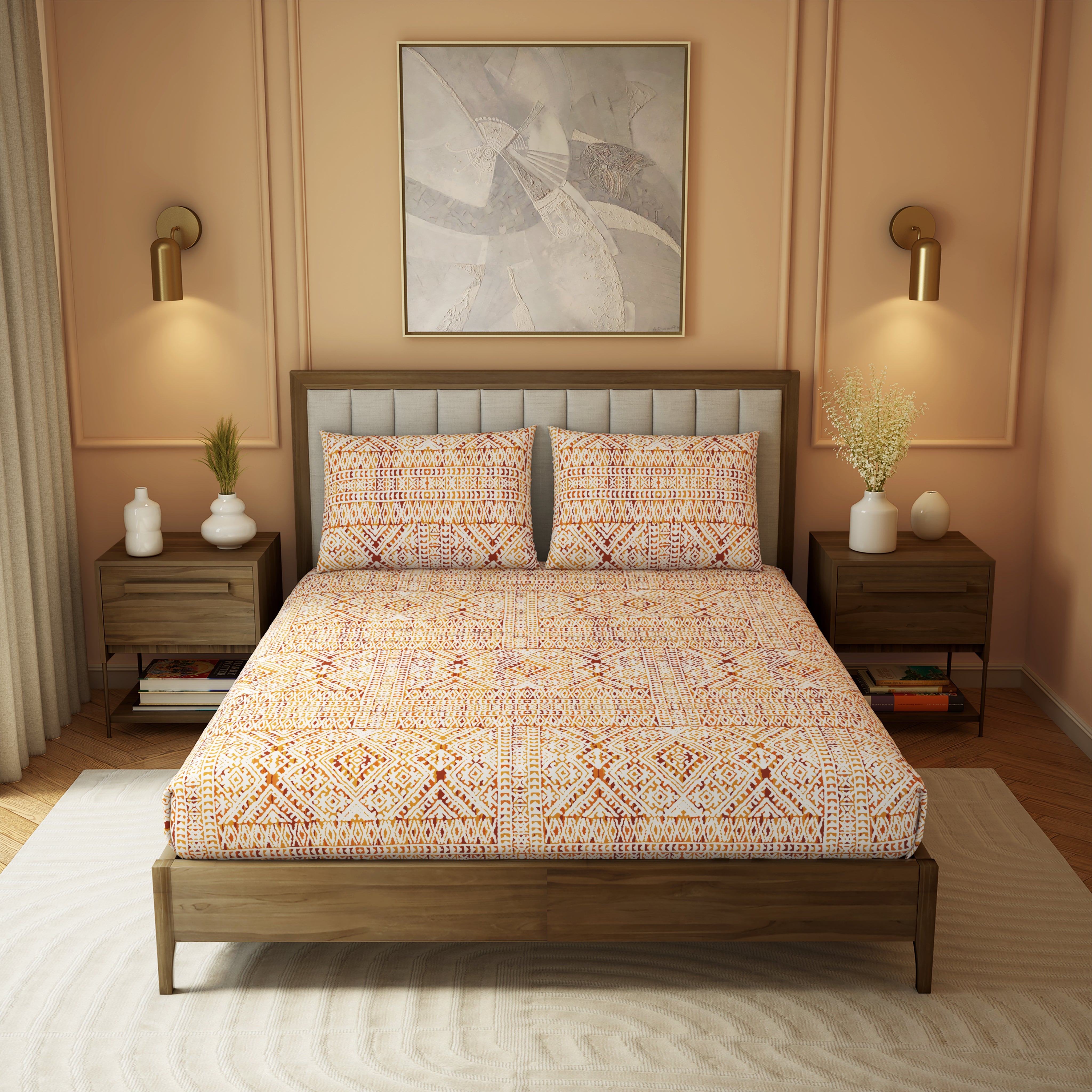 The Elite Collection | Printed King Bedsheet Set | 180 TC Cotton | Copper Brown