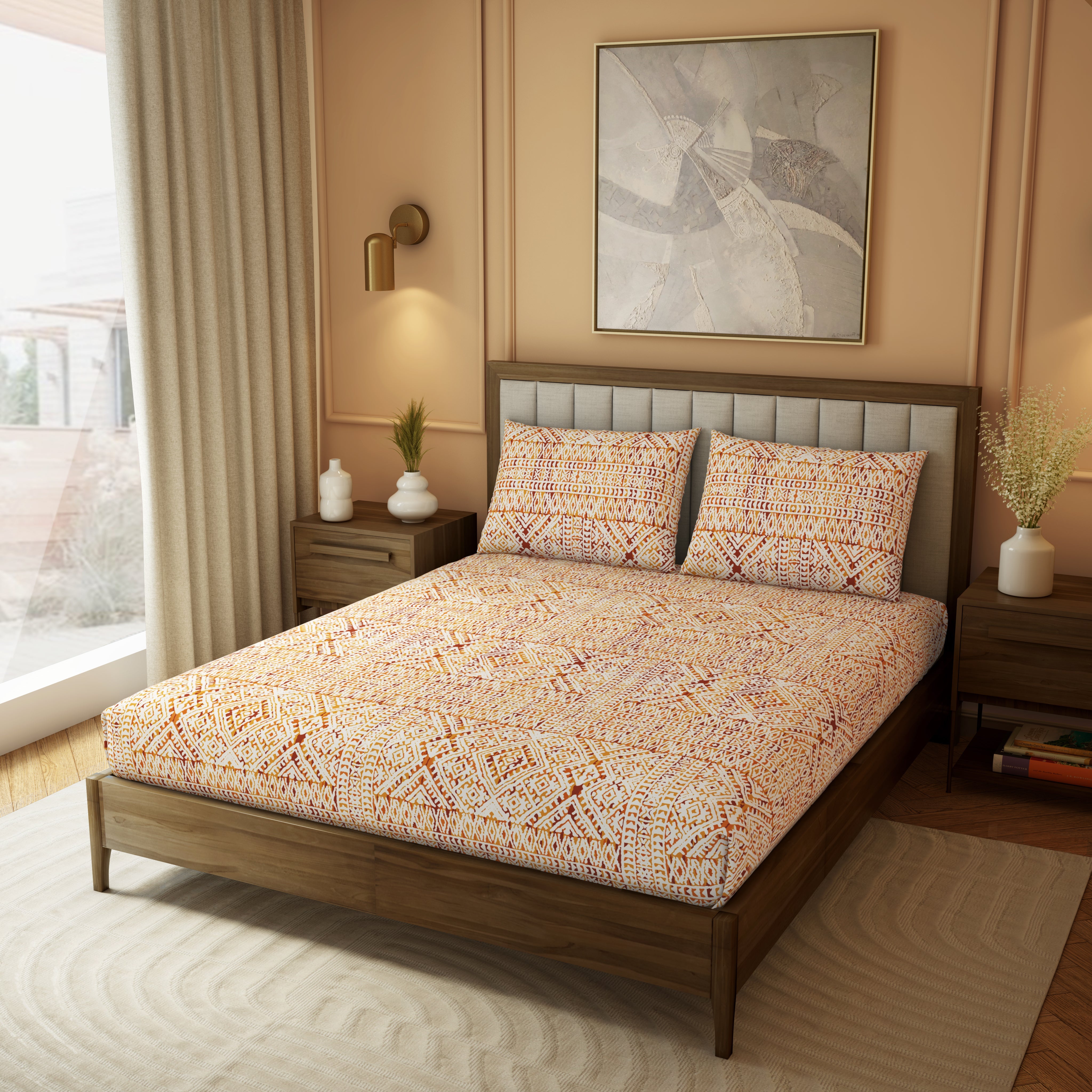 The Elite Collection | Printed King Bedsheet Set | 180 TC Cotton | Copper Brown