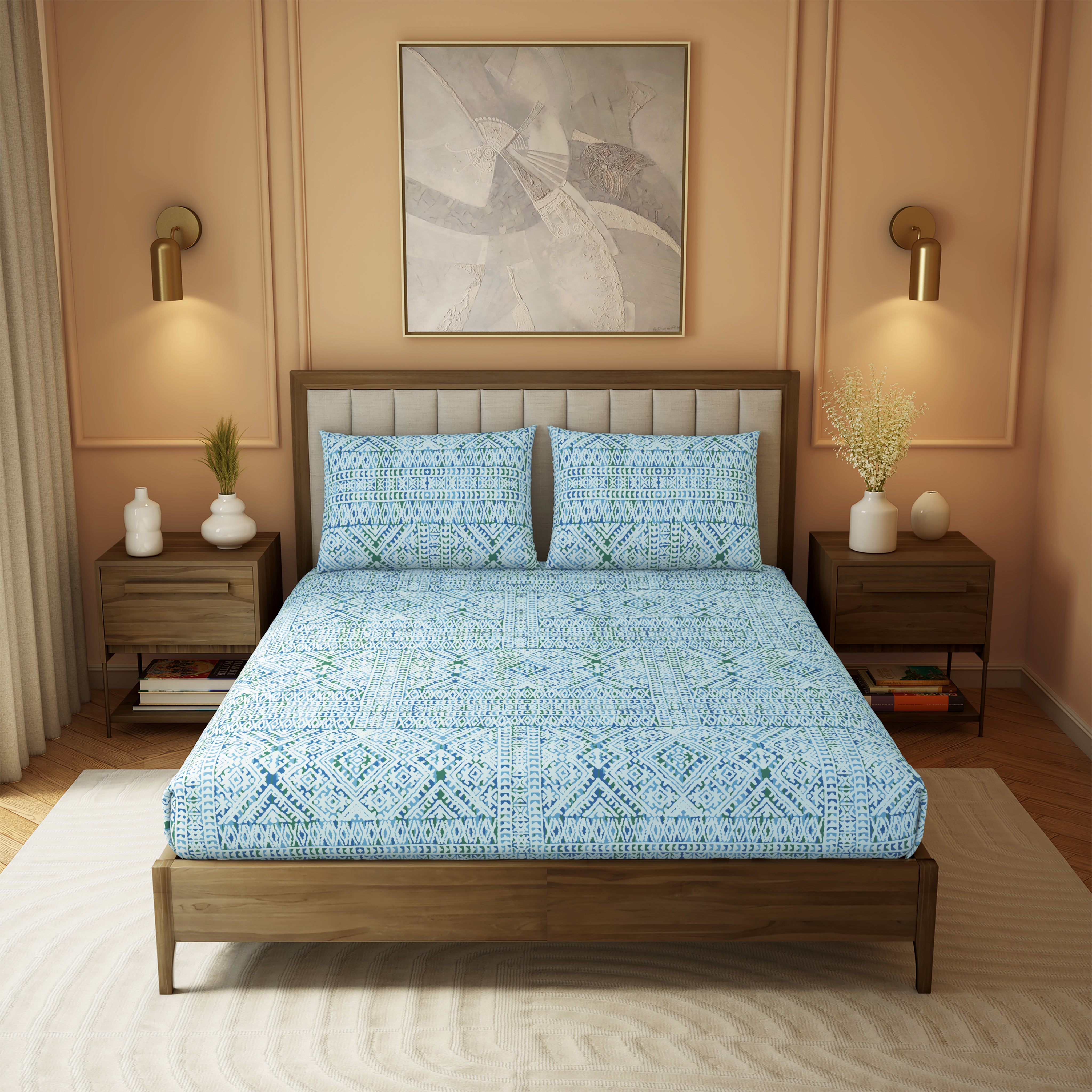 The Elite Collection | Printed King Bedsheet Set | 180 TC Cotton | Ink Blue