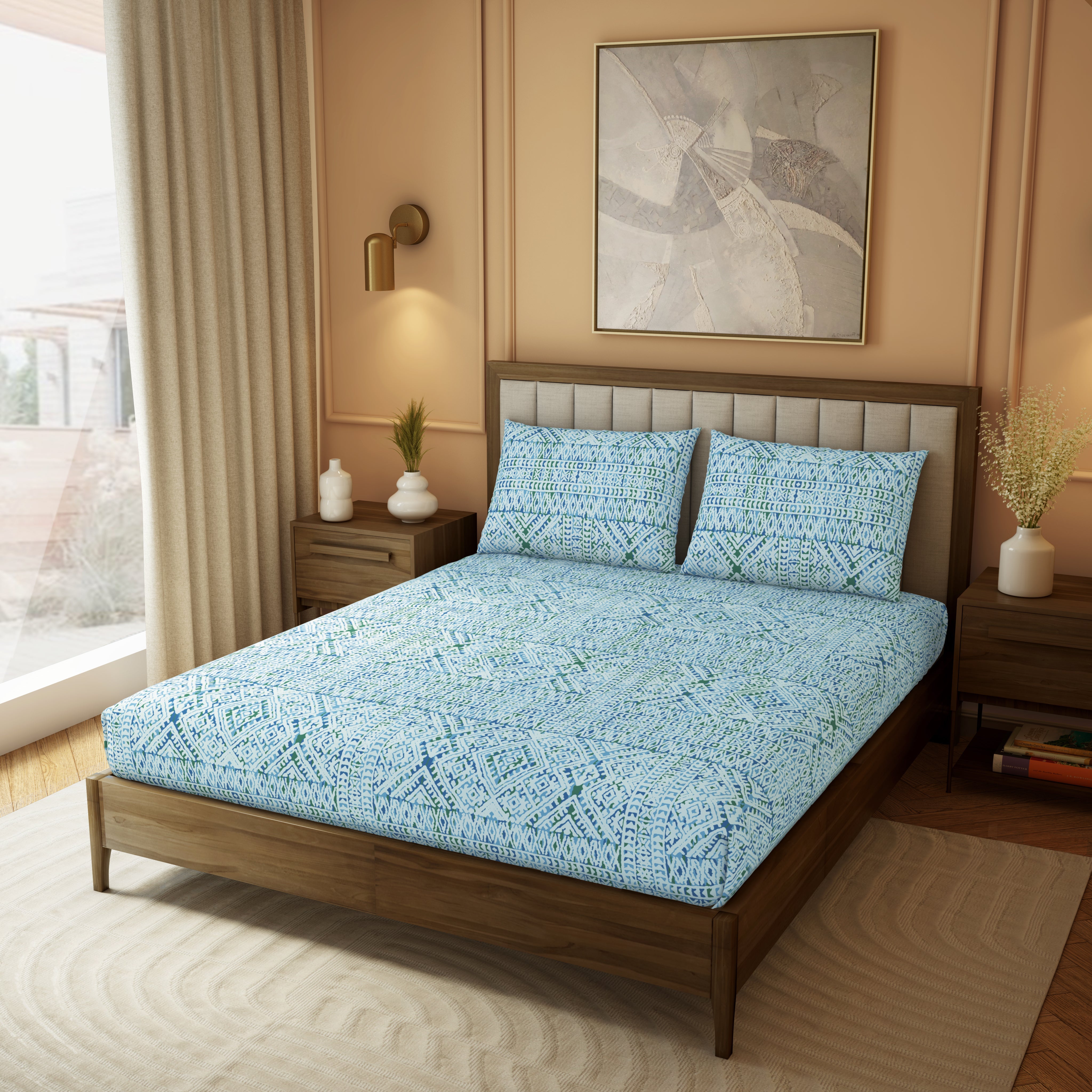 The Elite Collection | Printed King Bedsheet Set | 180 TC Cotton | Ink Blue