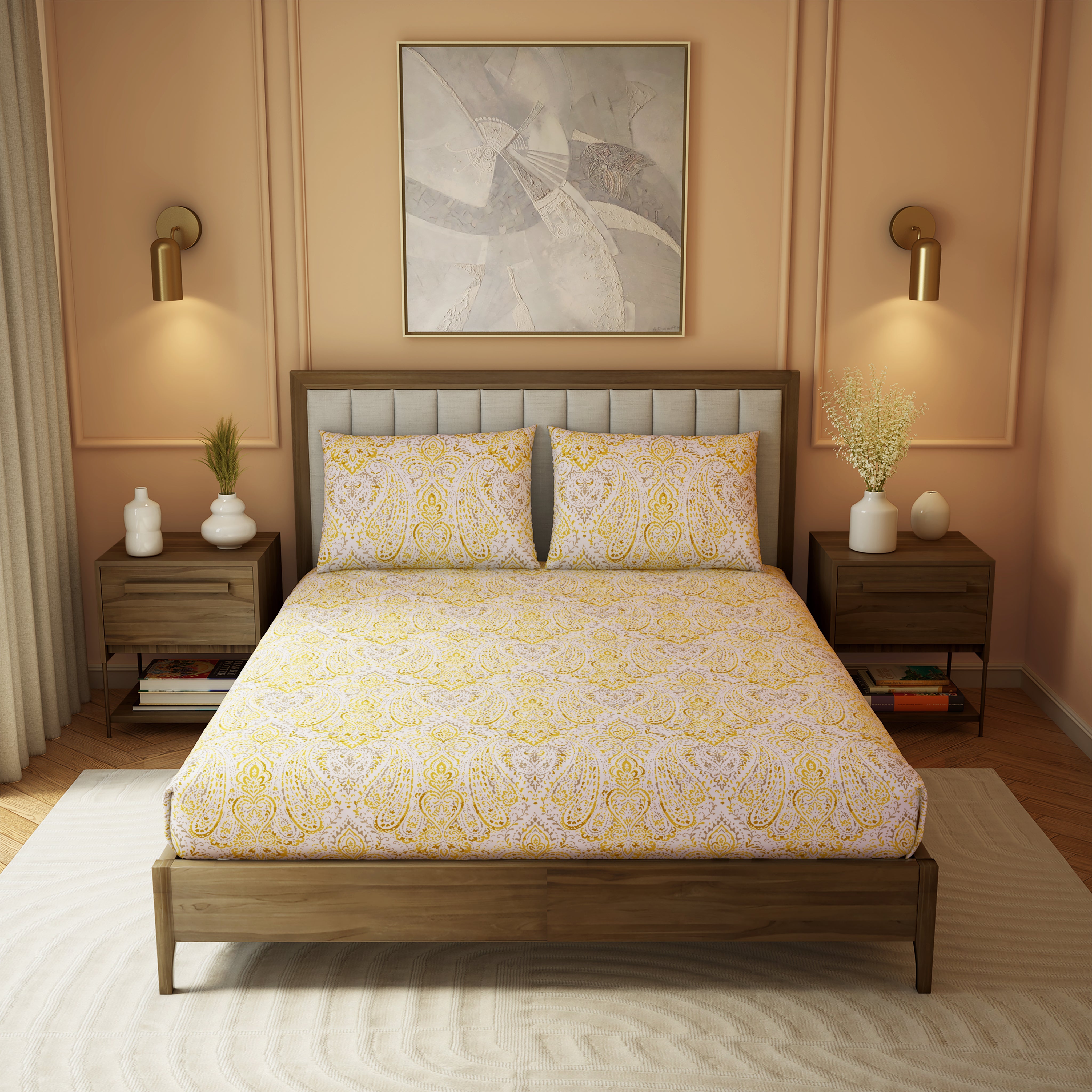 The Elite Collection | Printed King Bedsheet Set | 180 TC Cotton | Golden Yellow