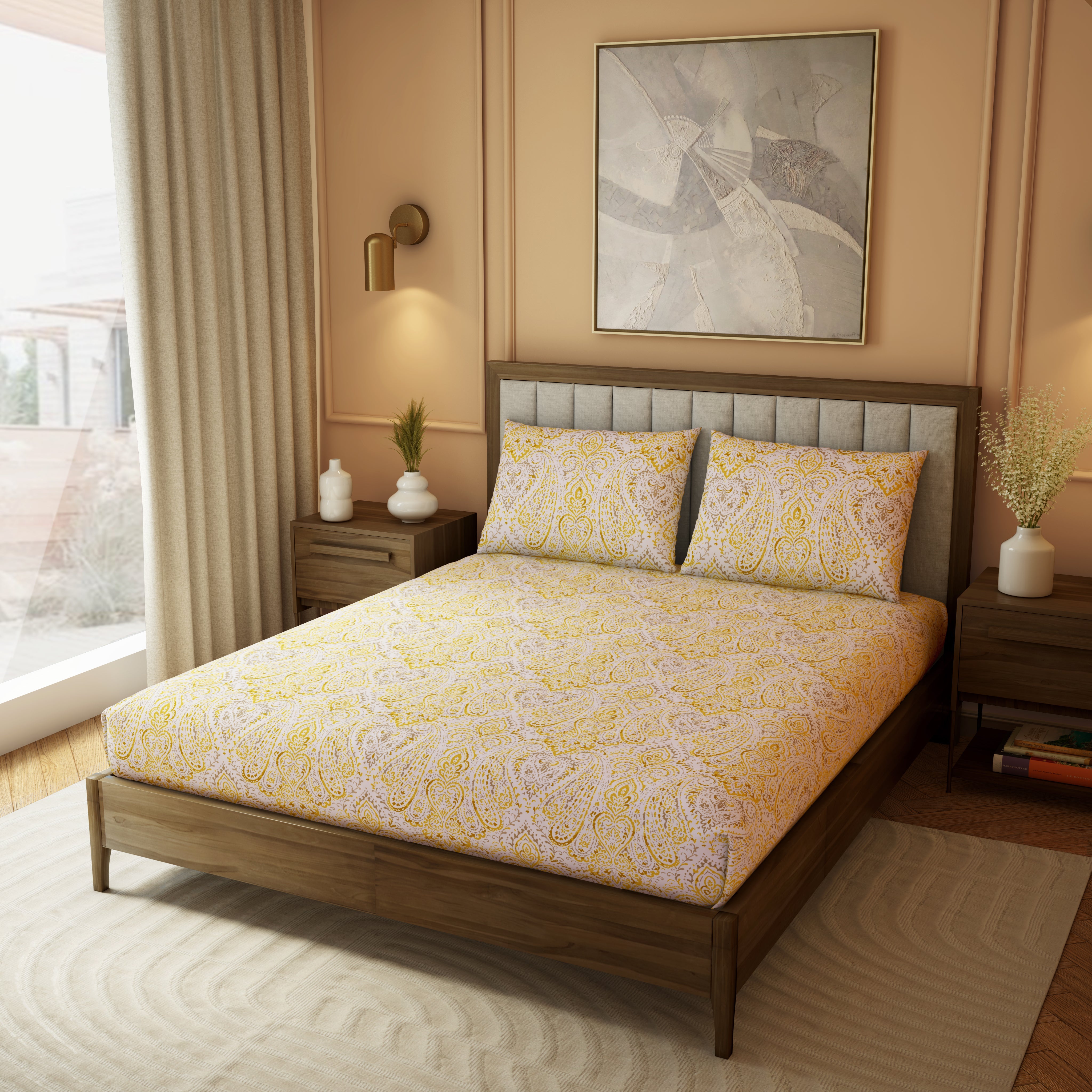The Elite Collection | Printed King Bedsheet Set | 180 TC Cotton | Golden Yellow