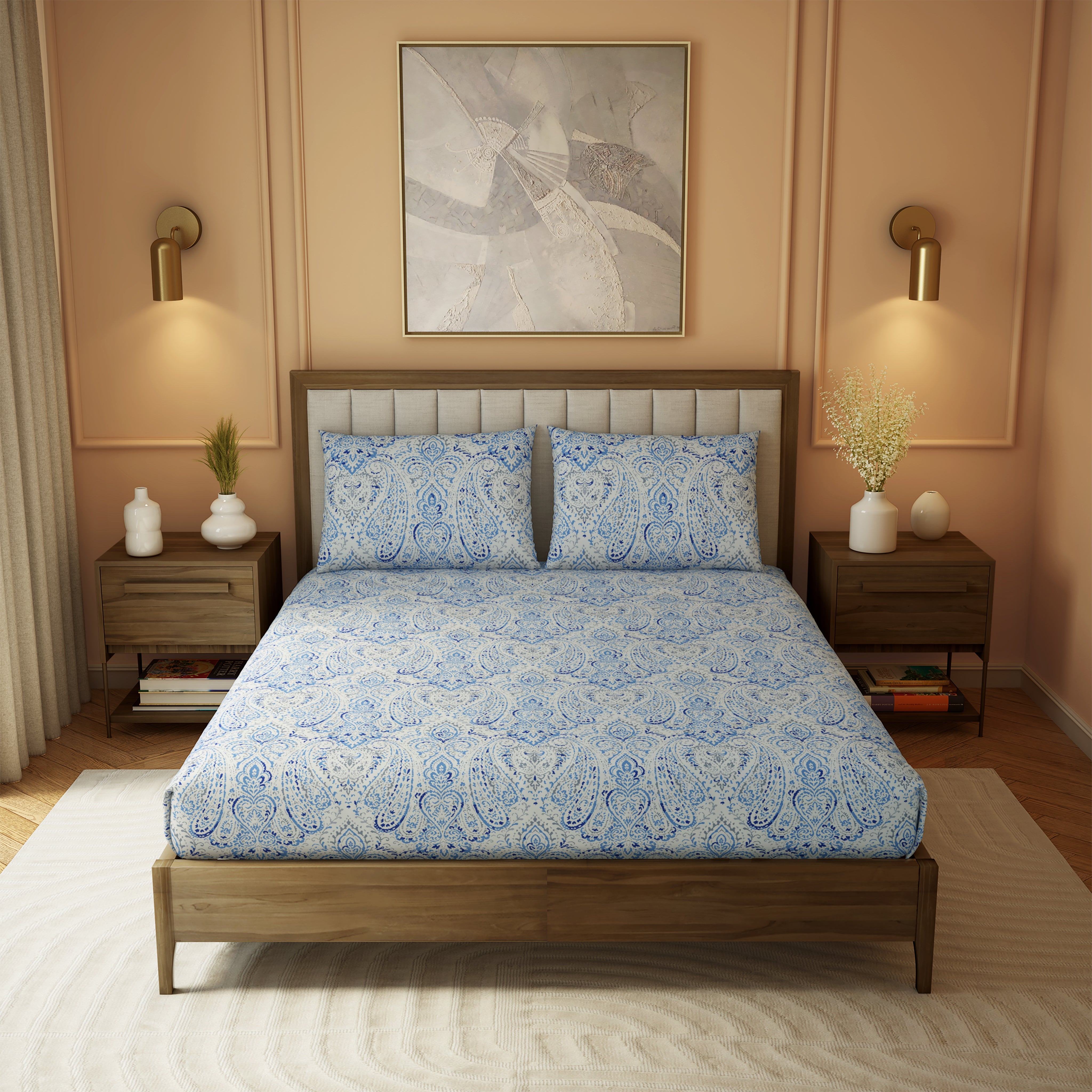 The Elite Collection | Printed King Bedsheet Set | 180 TC Cotton | Royal Blue
