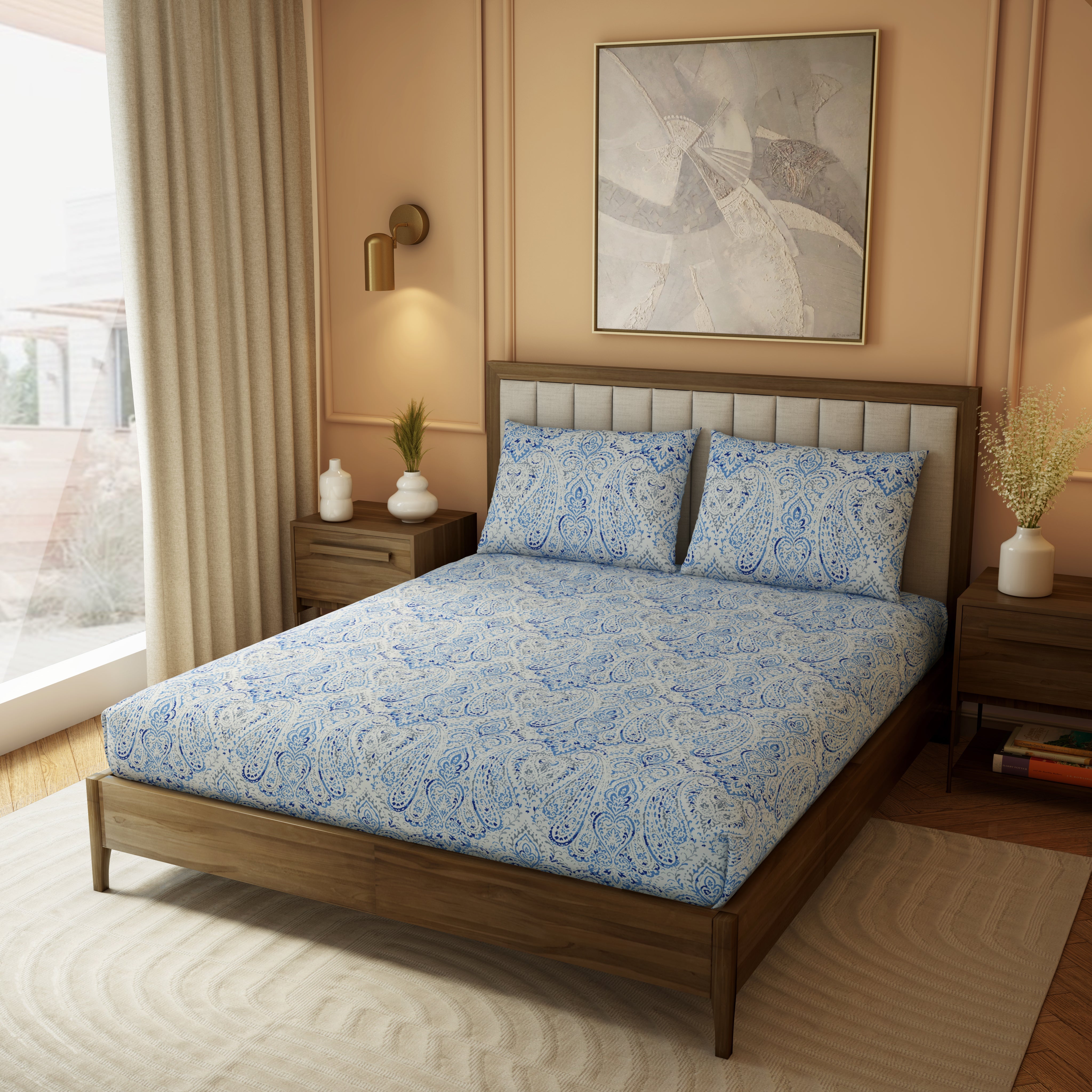 The Elite Collection | Printed King Bedsheet Set | 180 TC Cotton | Royal Blue